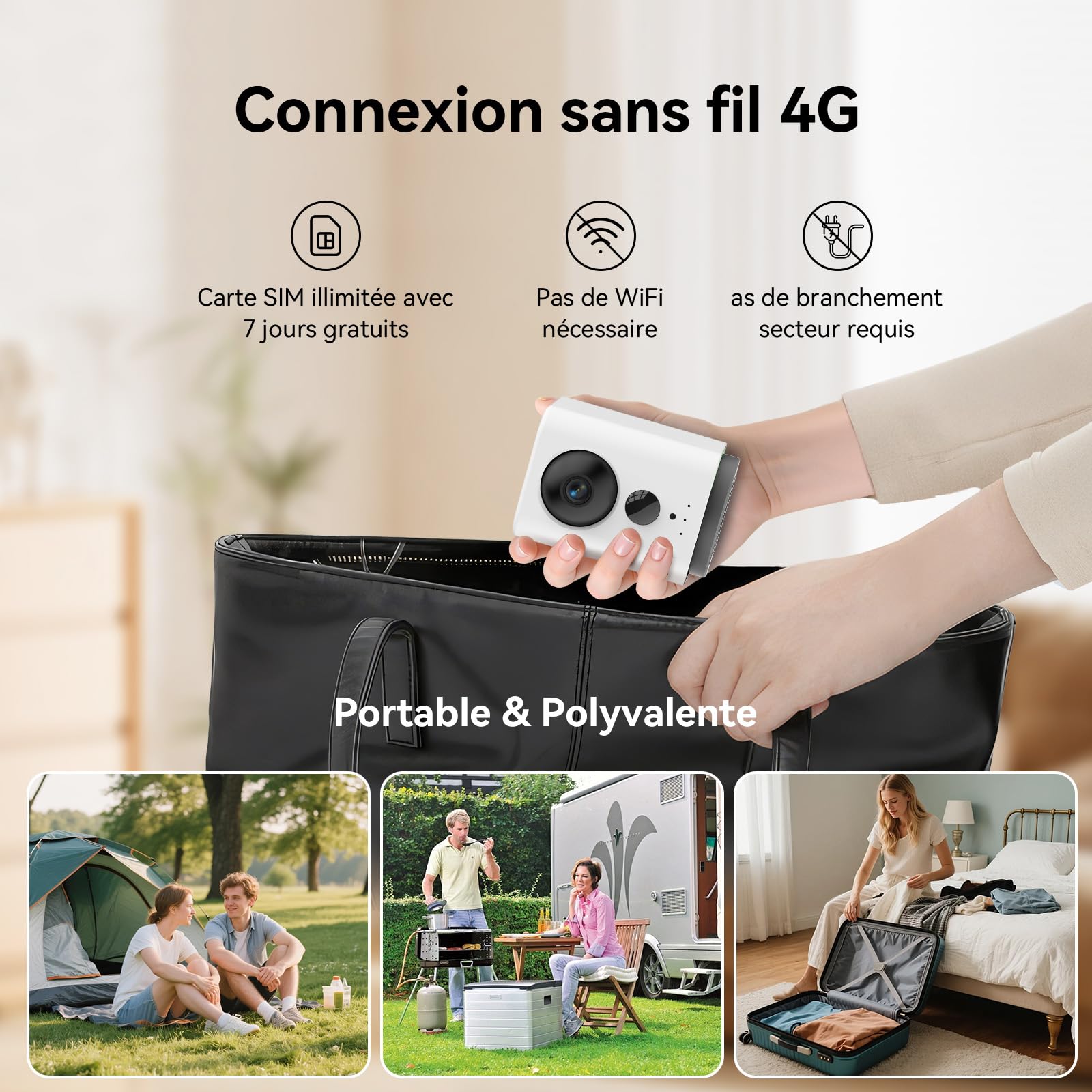 4G LTE Camera Interieur sans Fil avec Carte Sim, 7800mAh Batterie | 2K Caméra de Surveillance Sans WiFi, 360° PTZ, Détection de Mouvement PIR, Vision Nocturne Couleur, Audio 2 Voies
