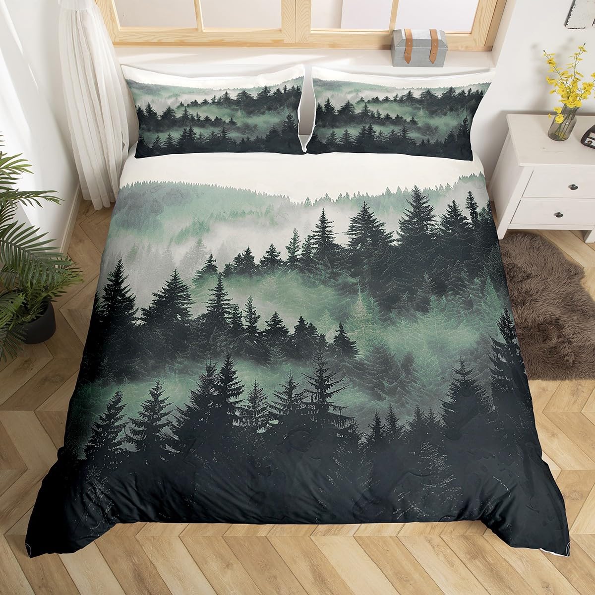 richhome Smoky Mountain Bedding Set for Adults Trees Natural Scenery Art Comforter Cover Set Nature Lover Gift Room Decorative Duvet Cover Foggy Scenic Bedspread Cover Single Size 2Pcs Bedclothes