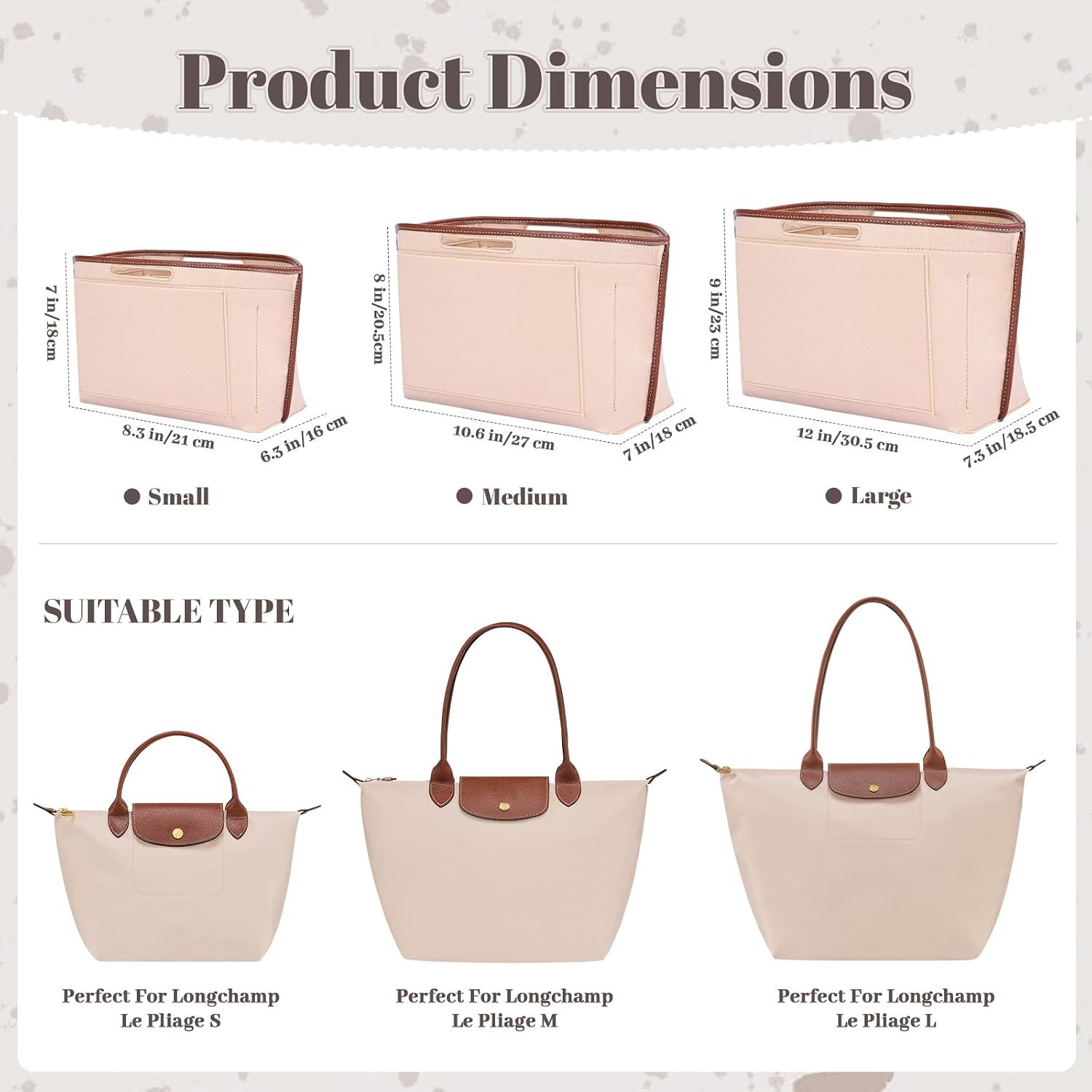 Purse Organizer Insert Compatible with Longchamp Le Pliage S/M/L Handbag, Premium Felt Longchamp Organizer Insert With Leather Edge(Large,Beige) image 2