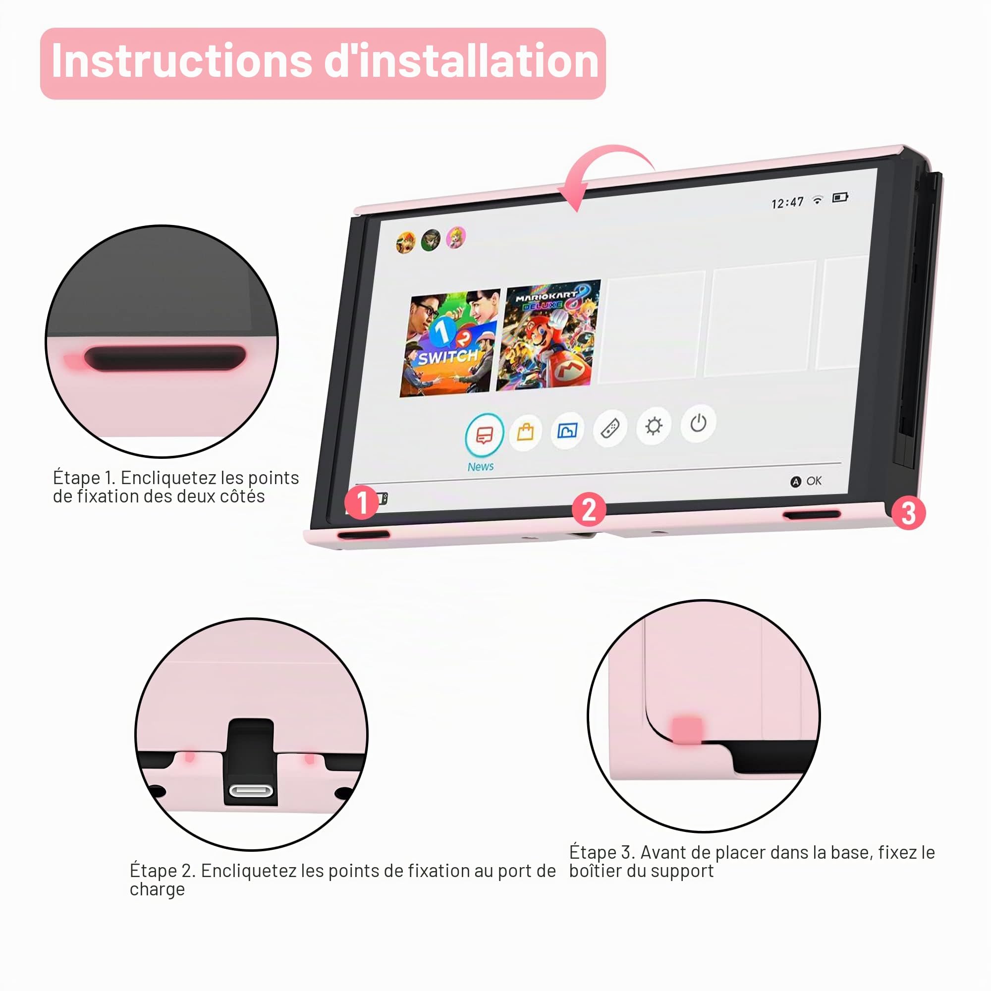 RHOTALL Coque de Protection Compatible avec Nintendo Switch OLED, Station d'accueil pour Console Switch OLED et Grip, Accessoires Mignons pour Switch OLED avec Prise en Main Confortable – Rose