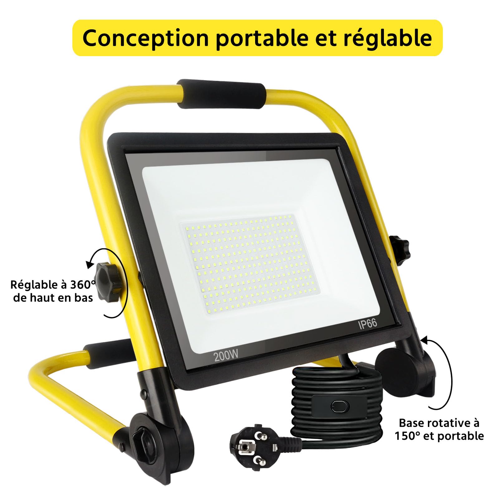 Projecteur de Chantier Led 200w, Lampe de Chantier 21600 Lm, Lampe Chantier Portable 6000k Lumière du Blanche, Ip66 Étanche, Prise Ue Lampes de Chantier Avec Fil de 3,5 M pour Atelier, Garage, Jardin