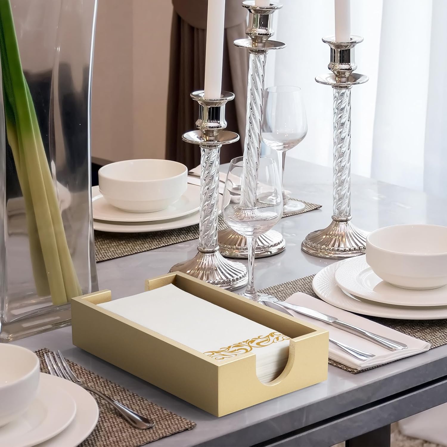 Gold Napkin Holder for Bathroom, Wooden Guest Towel Holder Tray for Bathroom, Disposable Paper Hand Towel Holder for Bathroom Accessories, Dinner Napkin Holder for Kitchen Table Party - Image 5