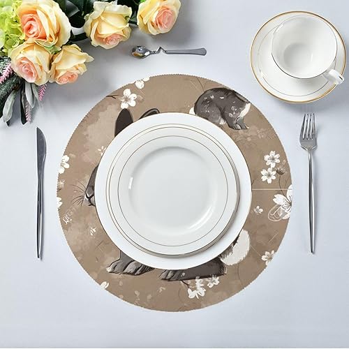 Miniatura 5 de Manteles individuales de conejo blanco y negro, almohadillas resistentes al calor para mesa de comedor, manteles individuales circulares lavables,