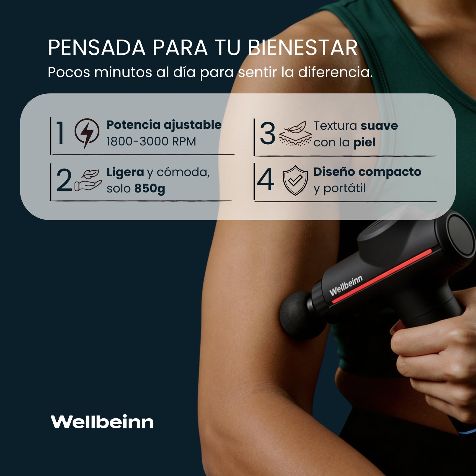 WELLBEINN Pistola de Masaje Muscular con Calor y Frío | Massage Gun Profesional Tejido Profundo | 5 Velocidades | 5 Cabezales | Masajeador Cervical y Espalda para Alivio del Dolor y Recuperación