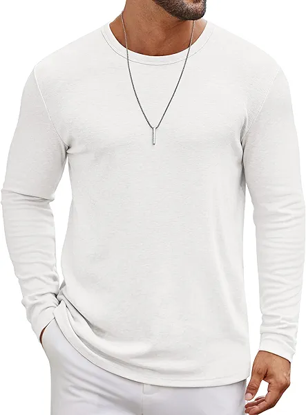 COOFANDY Men's Lightweight Long Sleeve Crew Neck T-Shirt Casual Basic T Shirts White Tee Shirts