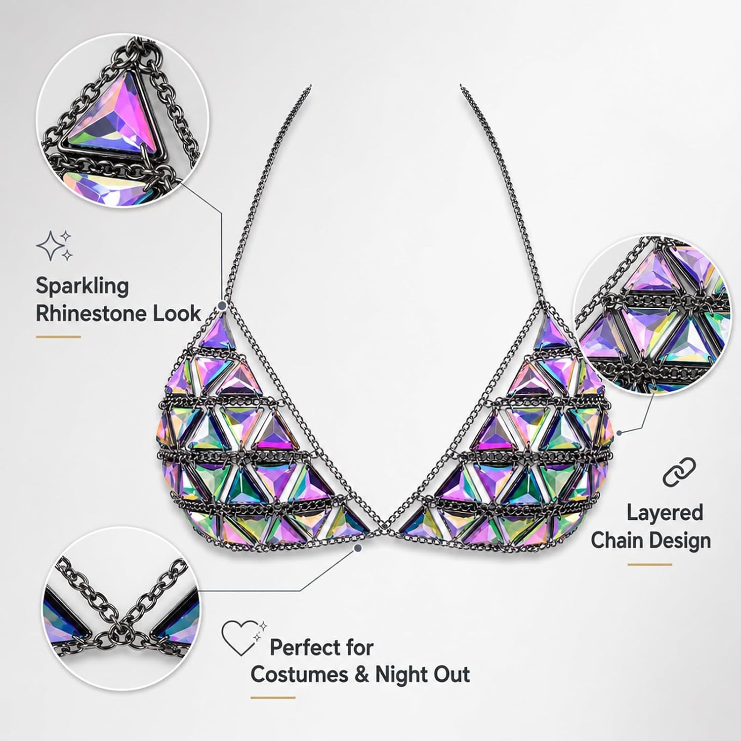 1 Pack Geometric Triangle Body Chain, Alloy Chain with Iridescent Acrylic Triangle Pieces, Integrated Body Chain for Women, Rave Bikini Top Festival Wear