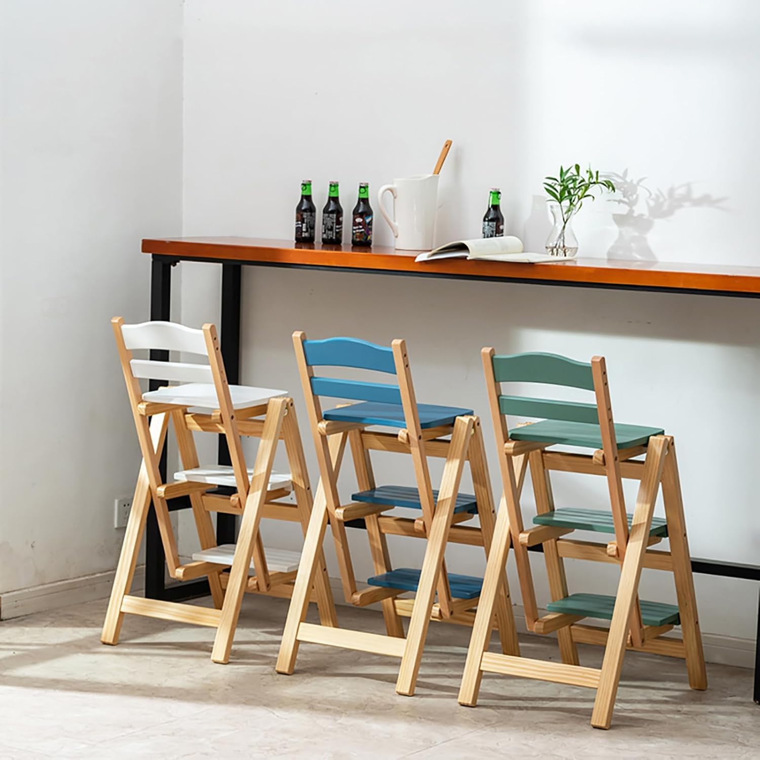 Height Foldable Stool Tall Stool,Solid wood Folding Bar Stool 3 Step Indoor Ladder Stool,Folding High Bar Counter Stool Portable Step Stool Chair ，Bathroom Storage Shelf for Adults Kitchen Outdoor(Gre