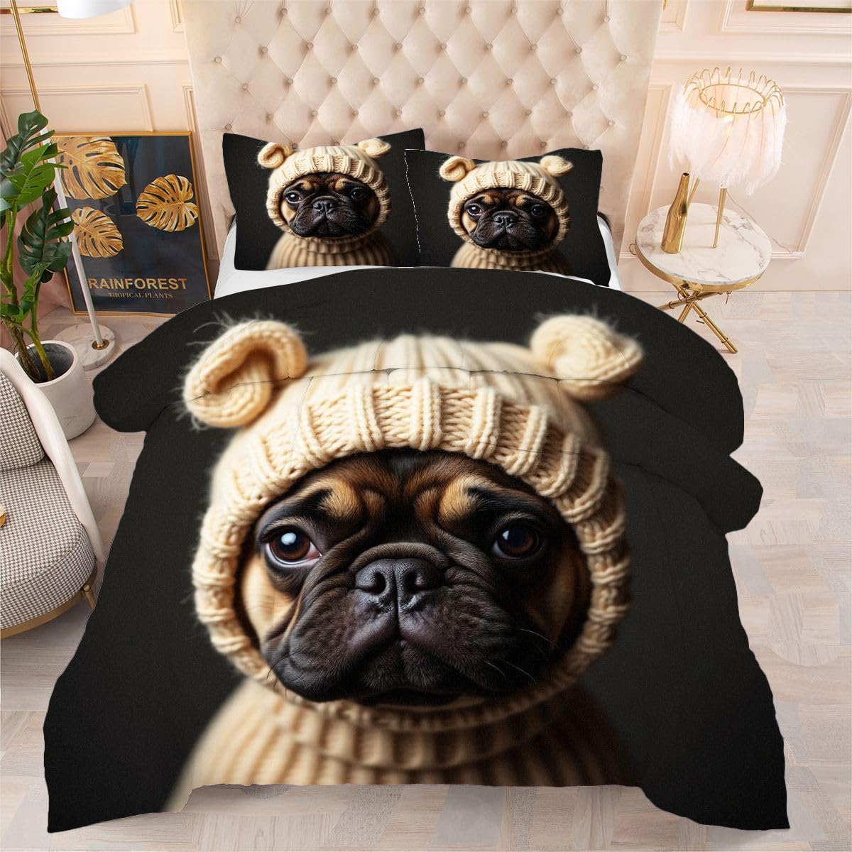 Couette 240 x 260 cm Bouledogue Jaune parure lit microfibre lavable en machine deux personnes
