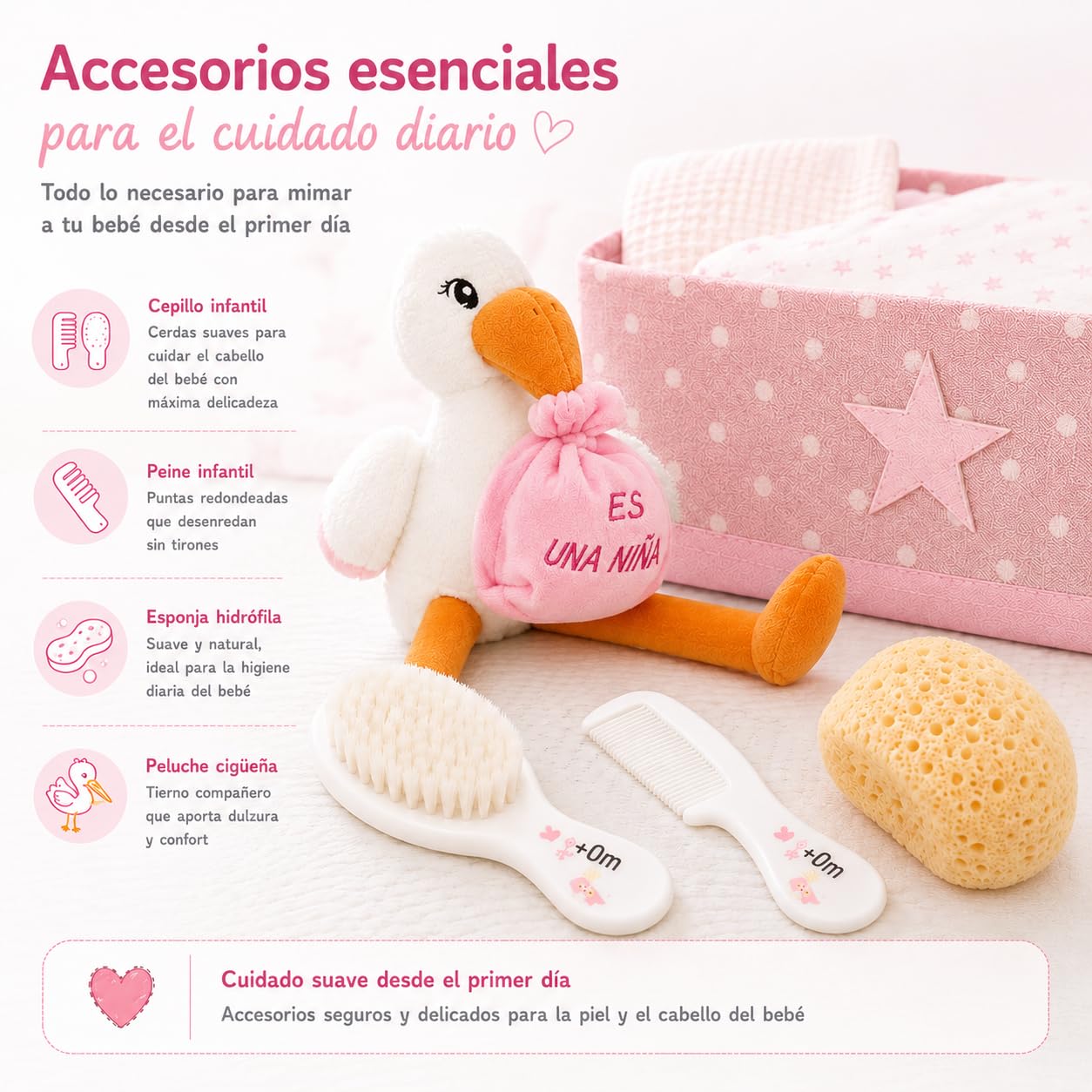 Cesto bambino Supreme (Rosa) regalo Con: scatola multiuso, peluche cicogna rosa, salviettine, gel, colonia, spugna, shampoo, spazzola e pettine, idratante, pannolini.