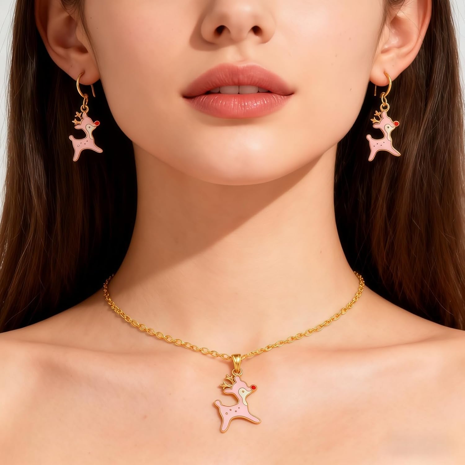 Christmas Jewelry Set for Women 3pcs Cute Stainless steel reindeer pendant necklace earring set Christmas Outfits Party Holiday Jewelry Gifts - Image 6