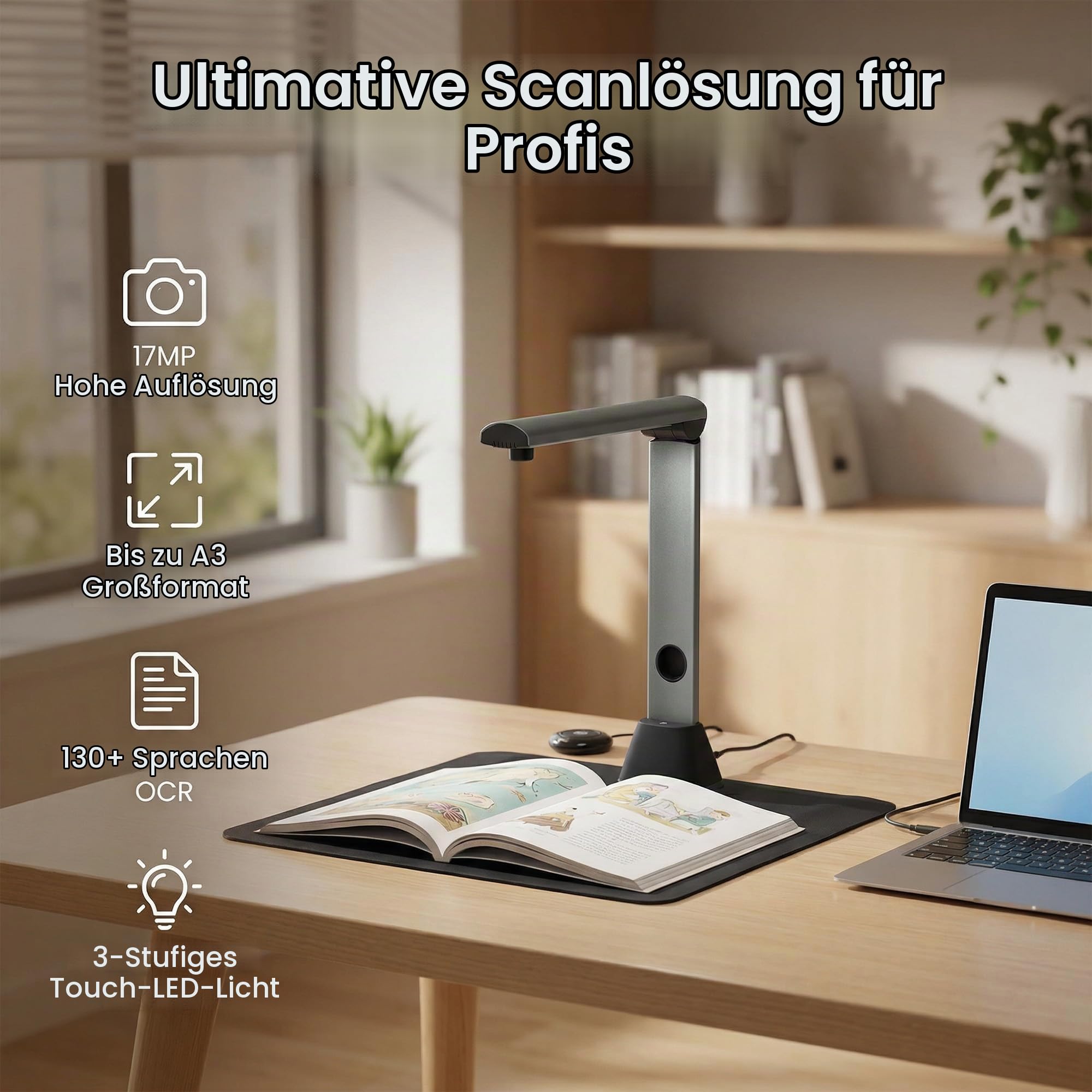Scanner Dokumentenscanner A3 Scanner: 17 MP mit OCR für 130 Sprachen USB Dokumentenkamera mit 4 LED Buchscanner für Schule Büro Archiv und Homeoffice