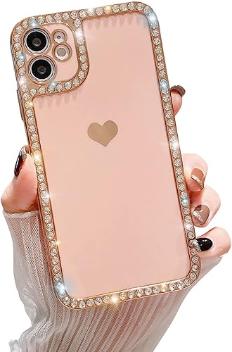 Funda compatible con iPhone 11 para mujeres y niñas, bonito diseño de corazón de amor galvanizado, diseño de diamantes de imitación, suave y