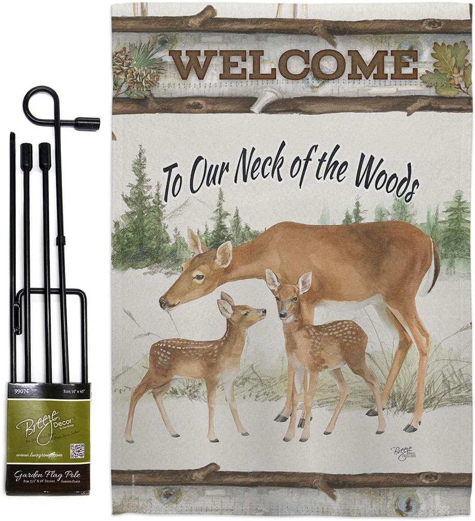 Breeze Decor Neck of The Woods Garden Flag Set with Stand Wildlife Outdoor Deer Bear Wolf Pet Nature Farm Animal Creature House Decoration Banner Small Yard Gift Double-Sided, Made in USA