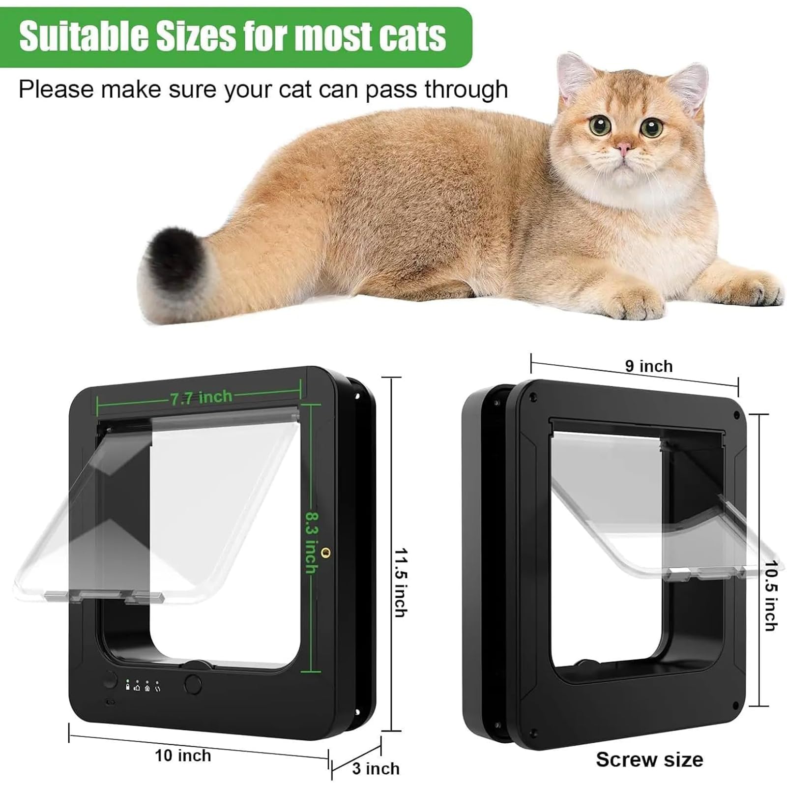 Puerta para Gatos con Microchip Inteligente, Puerta para Mascotas Activada | 2 Llaves de Collar, Sistema Cortavientos, Fácil Configuración de Bricolaje, Puertas Grandes con Solapa Para Gatos(black)