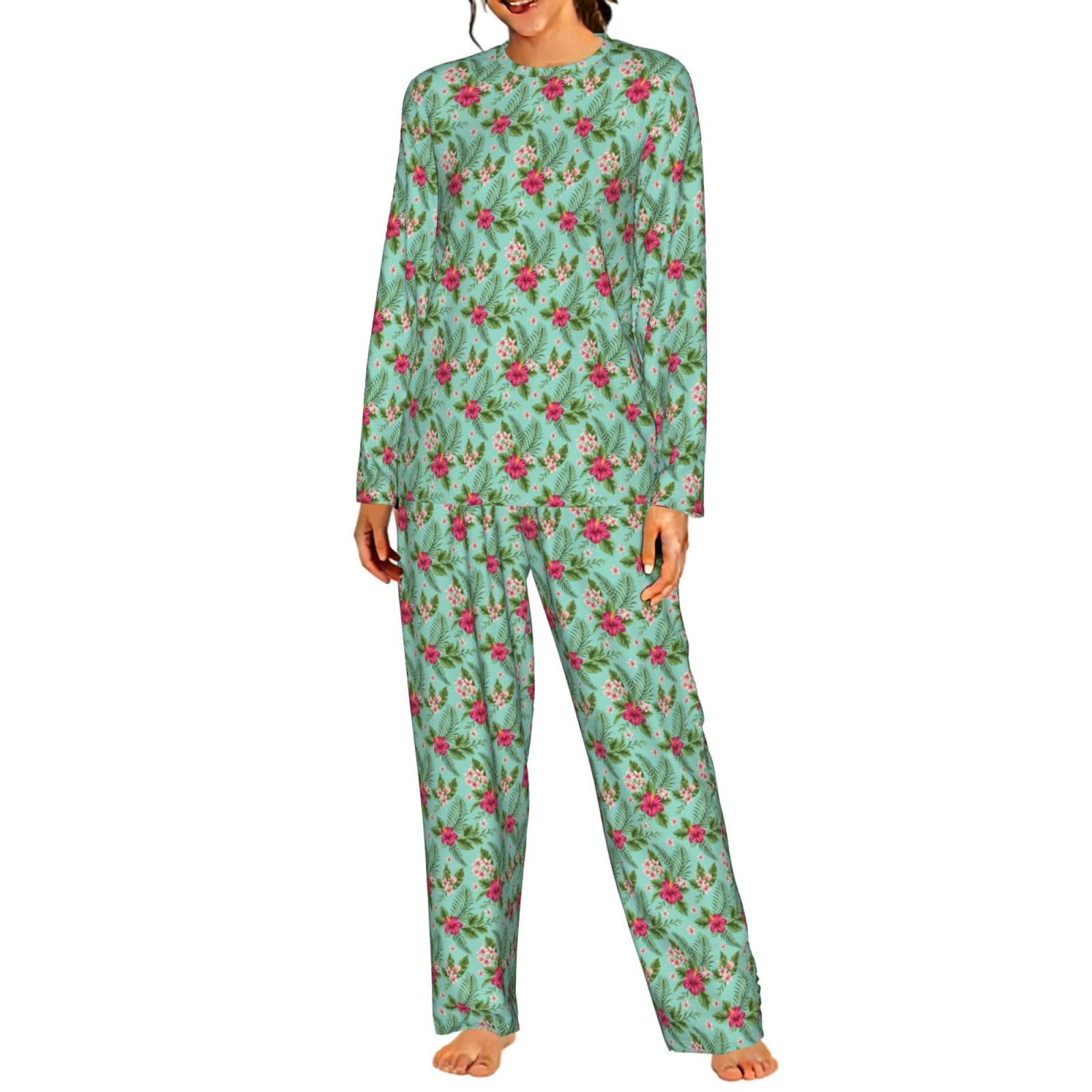 Pigiama da donna a maniche lunghe con stampa di fiori tropicali hawaiani morbido elastico coulisse casual Daywear