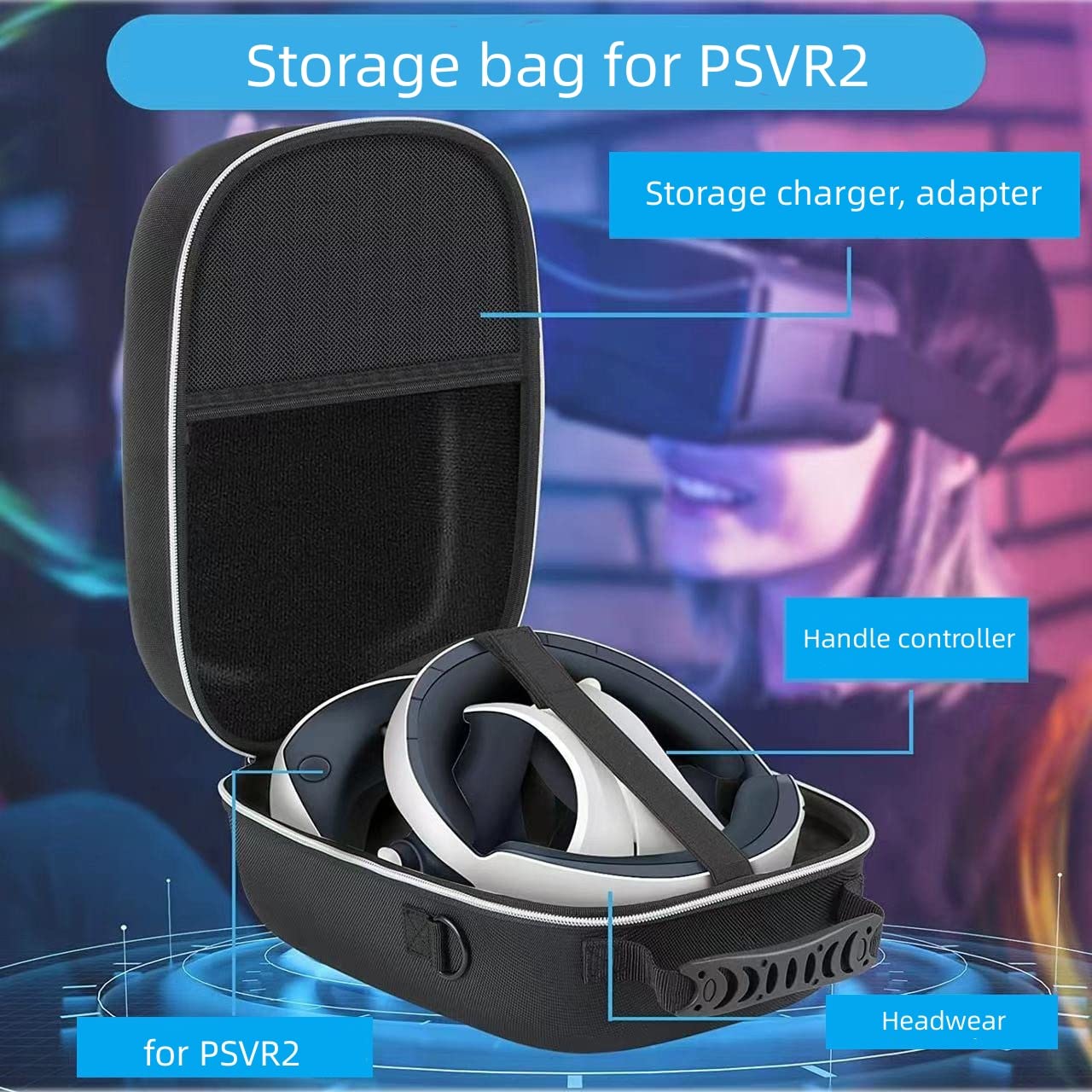 Hartschalenkoffer schützende Aufbewahrungstasche für PSVR2, VR-Headset & Controller Reise Box Organizer mit Schulterriemen, VR-Zubehör Schutzhülle, 33 * 24 * 17cm