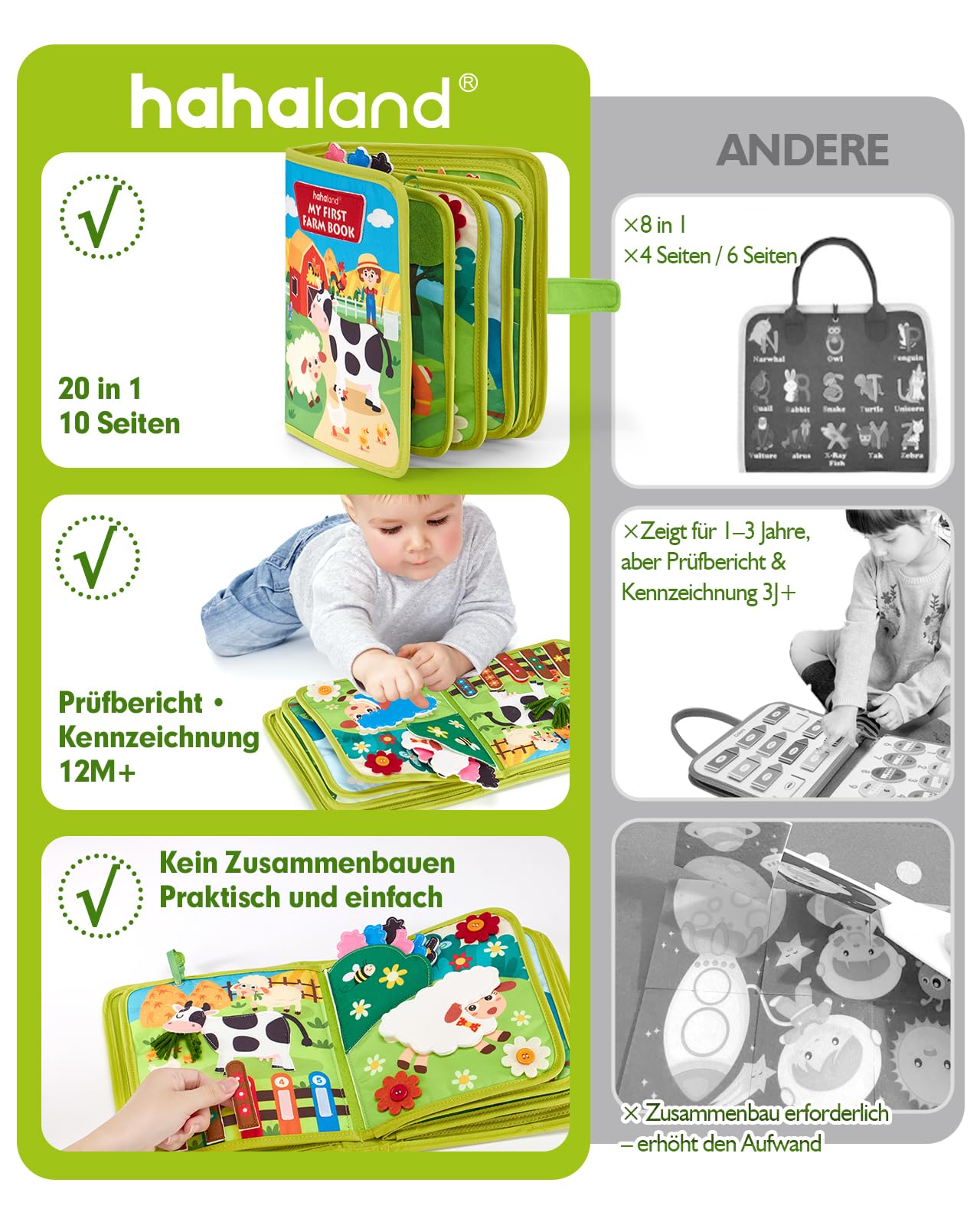 hahaland Montessori Spielzeug ab 1 Jahr – Bauernhof Thema Quiet Book, 20-in-1 Busy Board Weichem Filz für Frühe Bildung, Busy Book für Autofahrt, Spielzeug ab 1 2 3 Jahre, Geschenk zum 1 Geburtstag
