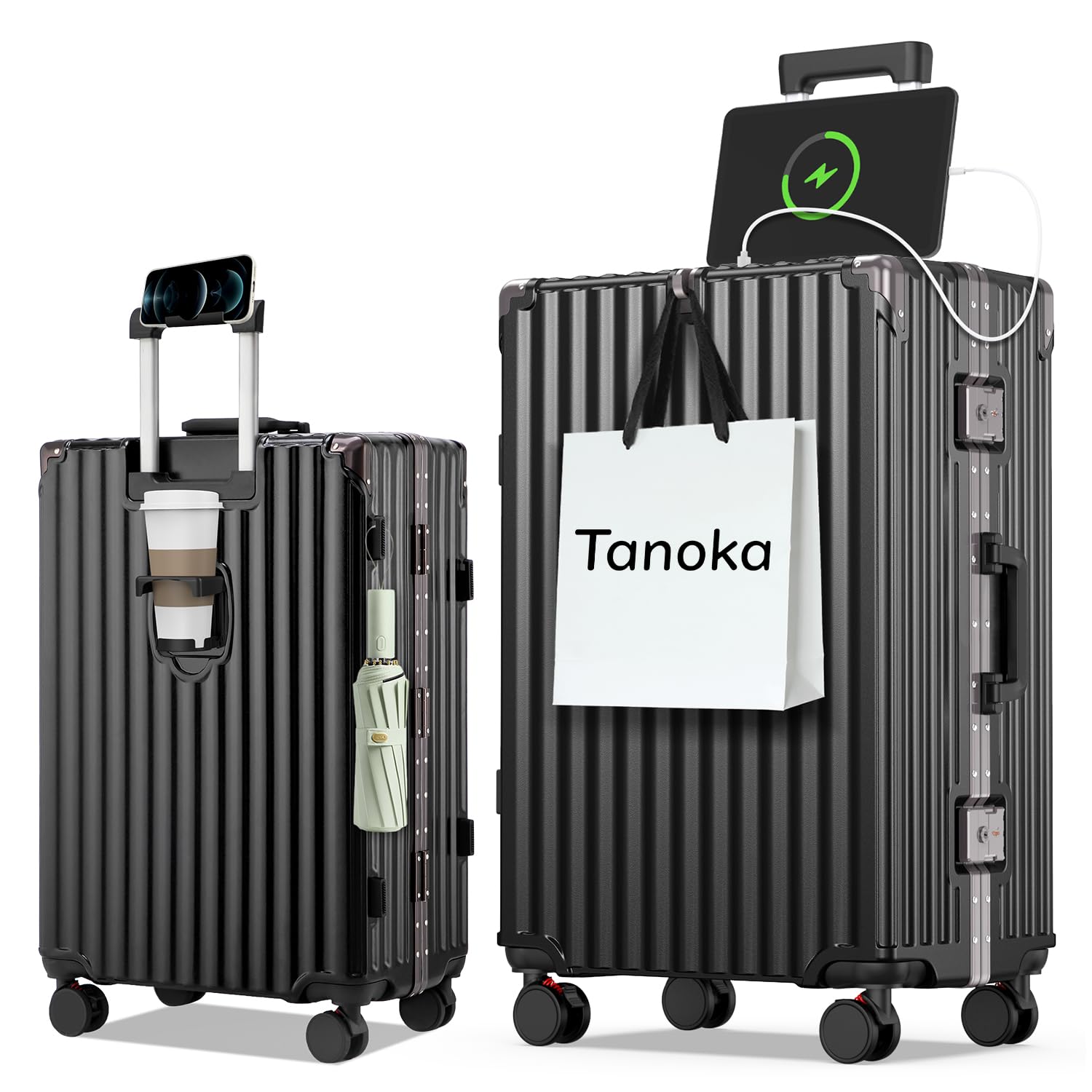 [Tanoka] スーツケース キャリーケース 機内持ち込み アルミフレーム【高耐久・多機能】S M L 大型 大容量 耐衝撃 ストッパー付き 静音ダブルキャスター 360度回転 TSAロック USBポート カップホルダー 隠しフック キャリーバッグ 出張 ビジネス 旅行