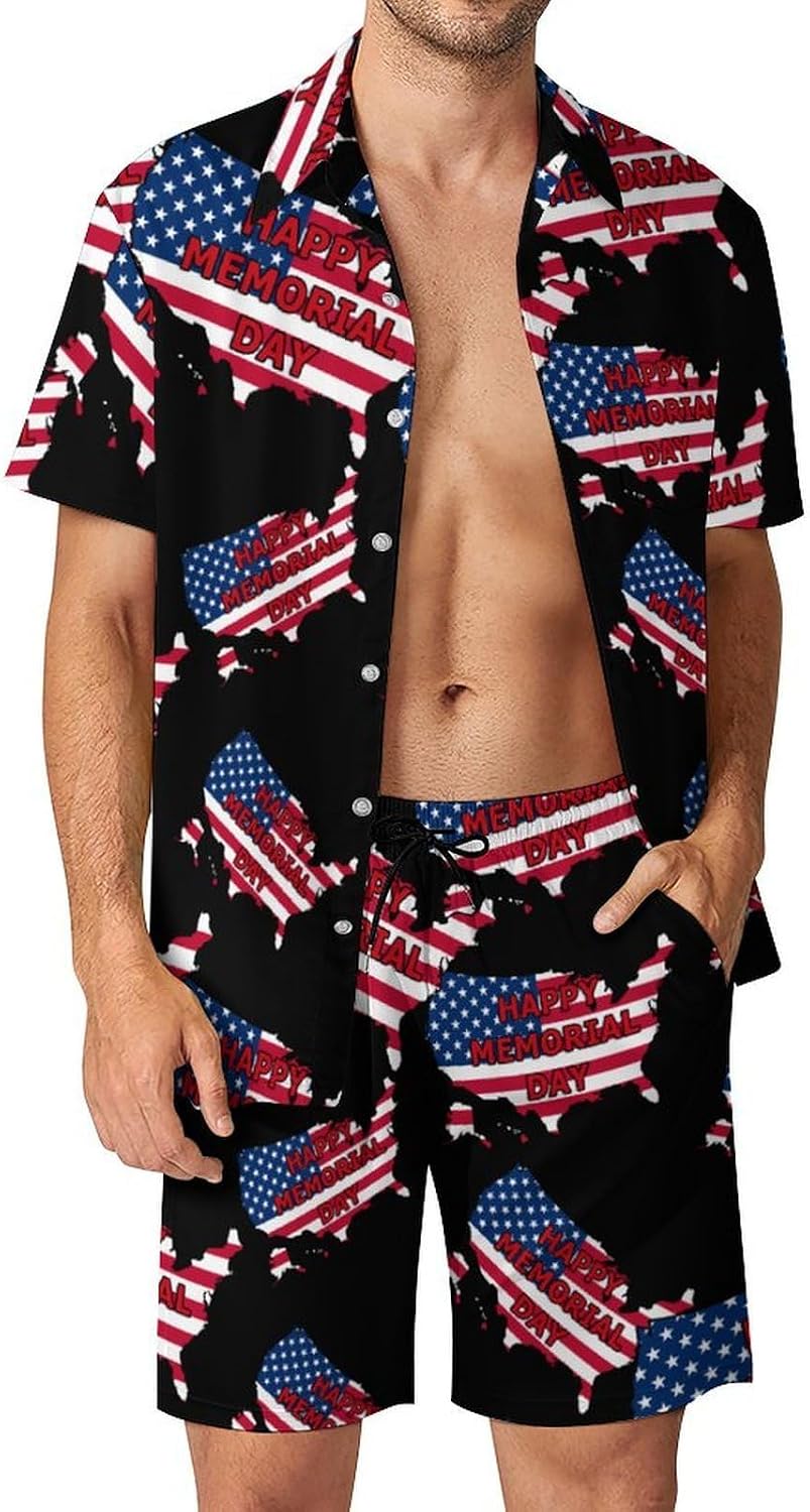 Happy Memorial Day U.S.A Map Men's Summer Beach 2 Piece Outfits | hawaiian button down shirt and shorts,vacation cruise,mens bathing suit