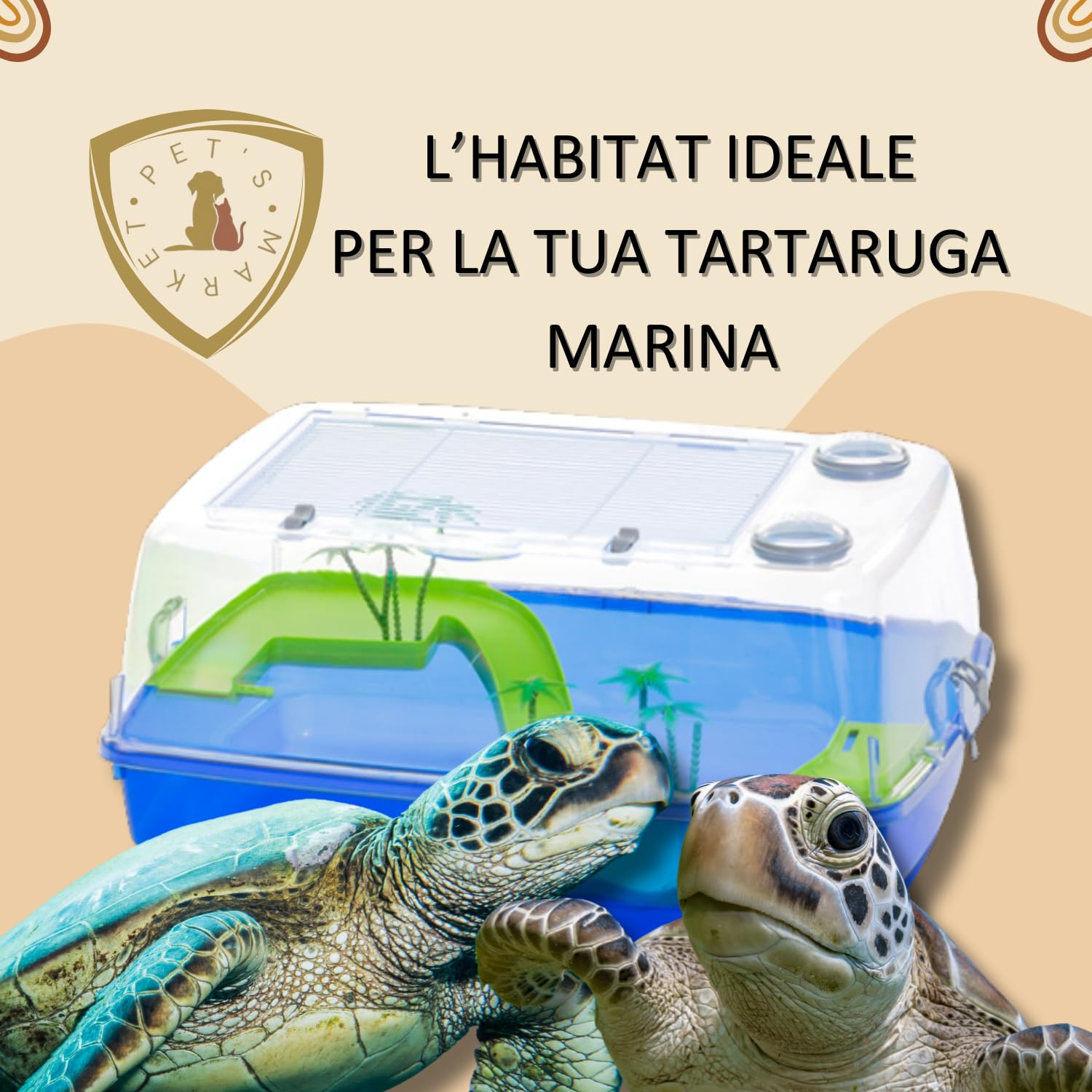 Pet's Market Corfù Tartarughiera Acquario tartarughe d'acqua Tartarughe adulte piccole Tartarughiera chiusa coperchio rimovibile doppia chiusura di sicurezza apertura superiore isola palme 53x38x25.5