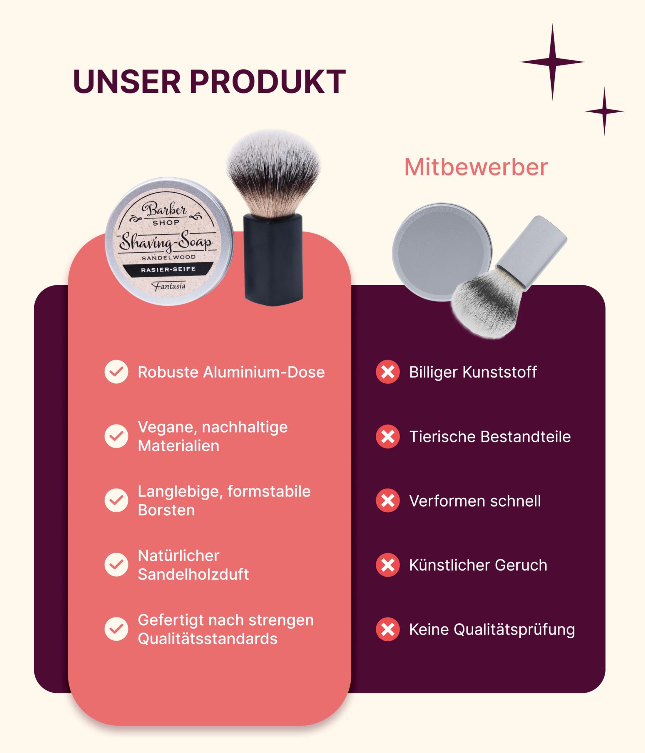 Fantasia® Beauty Rasier-Set schwarz mit Rasierseife in Aludose (Sandelholzduft, 100g) - Veganer Rasierpinsel mit Synthetikhaar, optimal für Bartpflege - Geschenk für Herren, inklusive Rasier