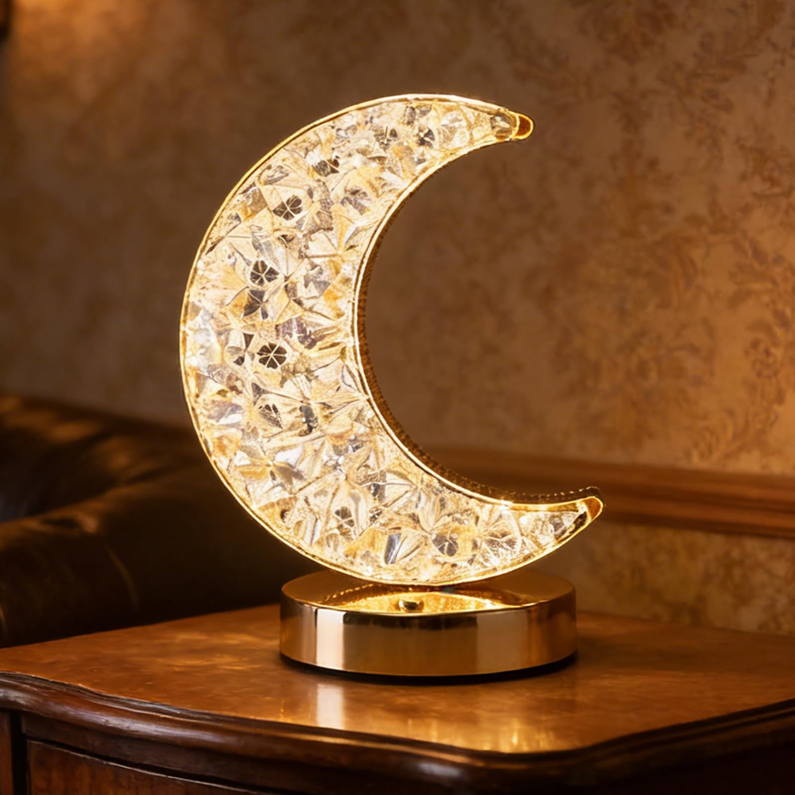 shulovehua Moon Shape Light Crystal LED Night Light USB Rechargeable Touch Control 3 Color Stepless Dimmable Acrylic Table Lamp Beside Lamp for Bedroom Cafe Makeup Room Decor Birthday Gift