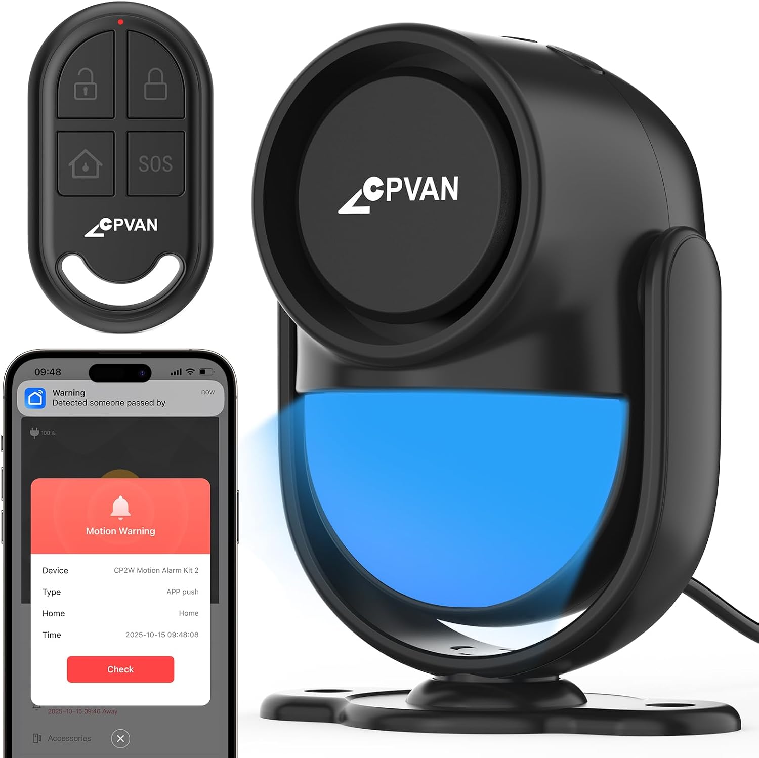 CPVAN WiFi Dwelling Alarm System with PIR Movement Sensor, Wi-fi Good Movement Detector Alarm for Safety with Telephone APP Alert (Indoor PIR Alarm Host, 1 Remotes), Black