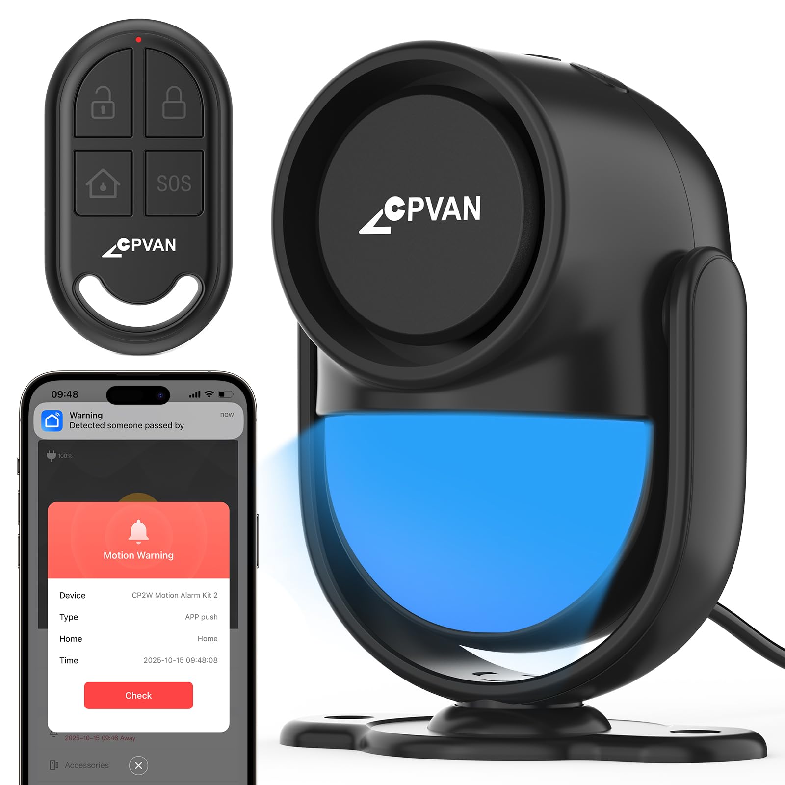 CPVAN Home Alarm System, 2.4G WiFi PIR Motion Sensor, Wireless DIY Smart Door/Window Alarm for Home Security with Phone APP Alert ，Black