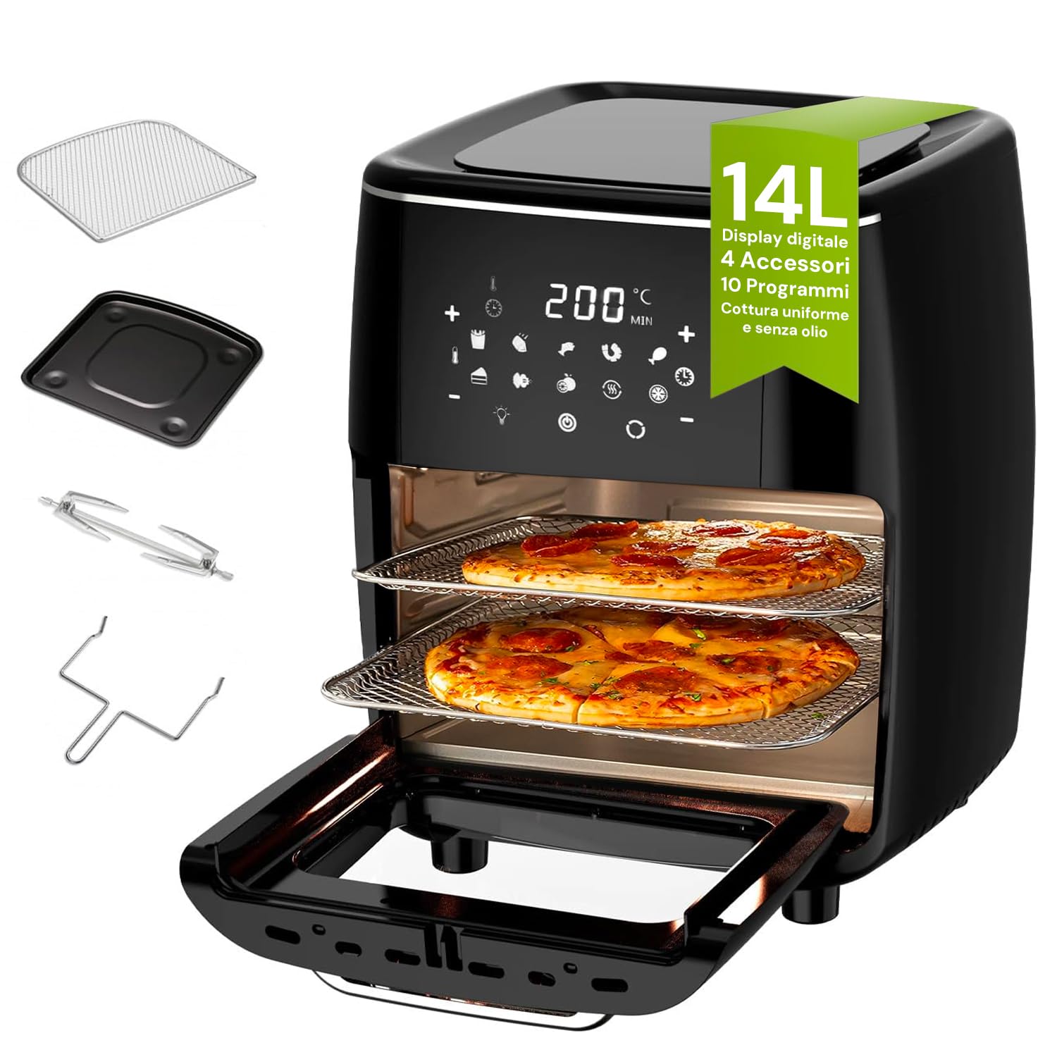 Forno Multifunzione e Friggitrice ad Aria 14L - Cottura Uniforme e Salutare, Display Digitale, Inclusi 4 Accessori Versatili - Ideale per Friggere, Grigliare, Cuocere al Forno