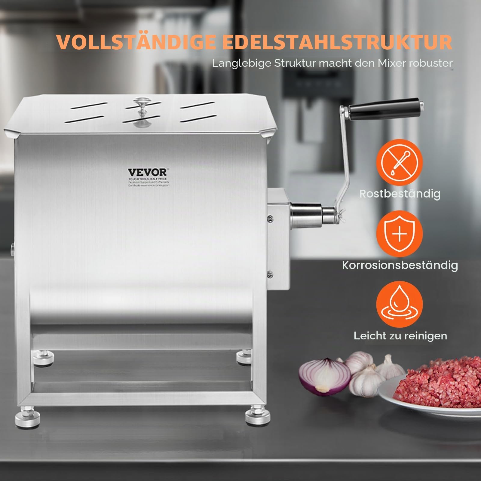 VEVOR manueller Fleischmischer 30 L Fleischverarbeitungsgerät (maximales Mischen von 20,4 kg Fleisch), Fleischmischer aus Edelstahl, Wurstmischer mit Untersetzungsgetriebe, Handmixer für Hackfleisch
