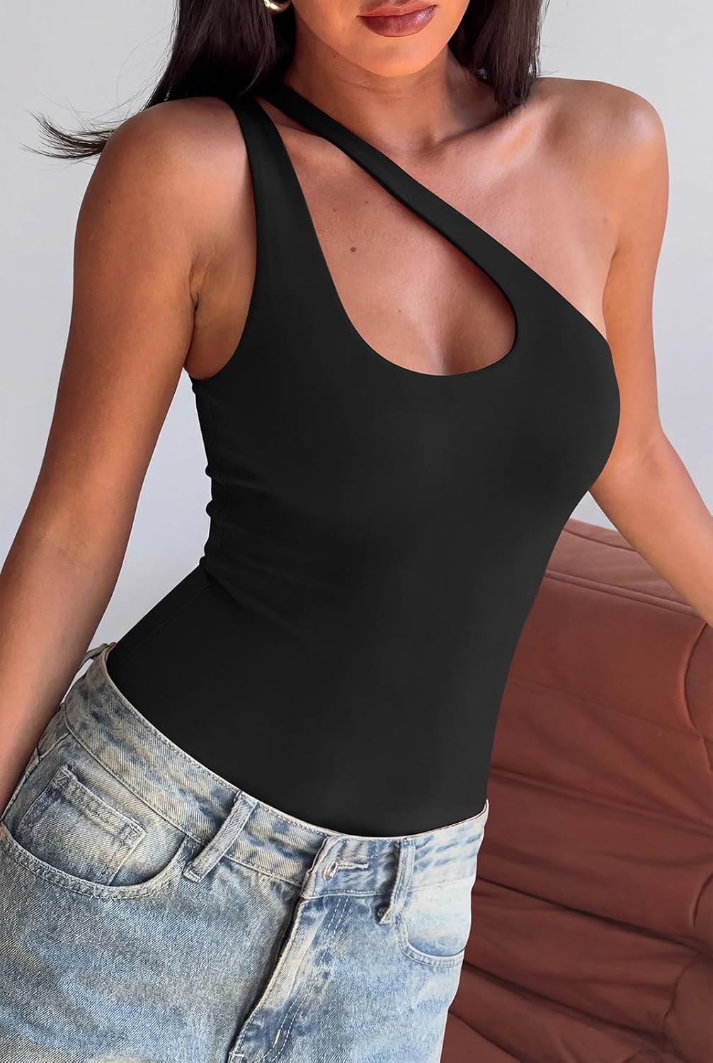 REORIA Butsmooth® Women's Trendy Sexy Plunge One Shoulder Sleeveless V Backless Going Out Tank Bodysuits Tops