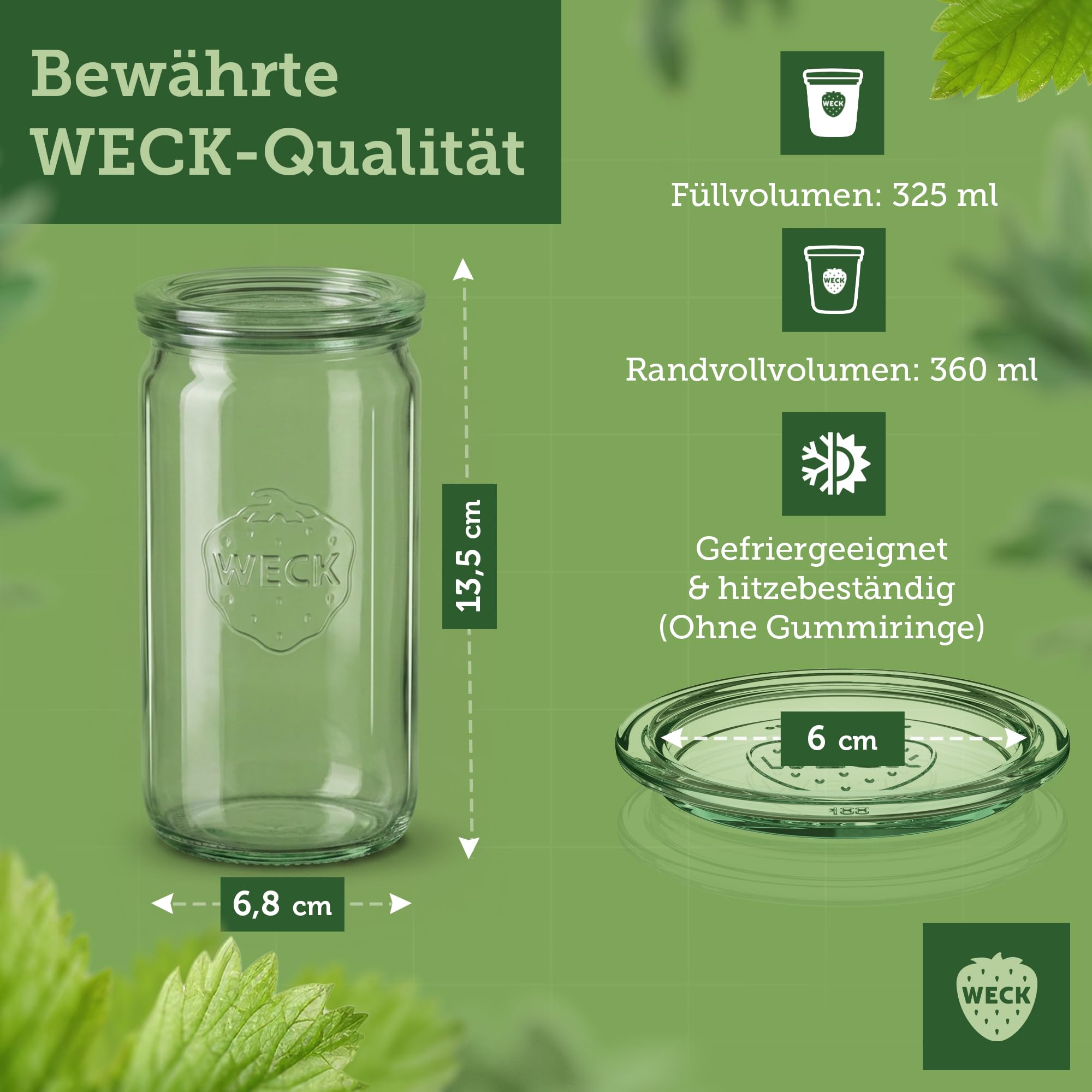 Weck Gläser 325ml – 6er Set mit Deckeln – Zylinderform – robuste, stapelbare Einkoch- & Einweckgläser