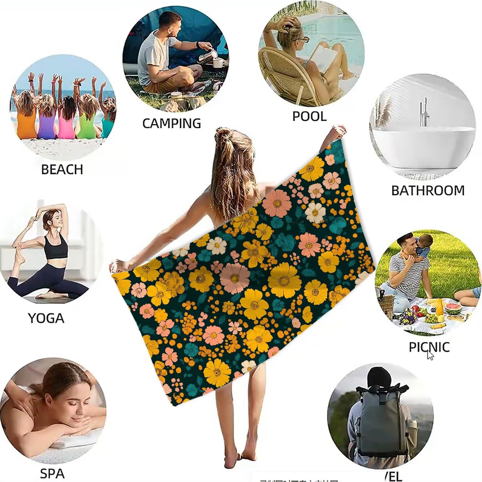 Ręcznik plażowy z motywem kwiatowym, z mikrofibry, bez biżuterii, duży 200 x 90 cm, ręcznik do sauny, 2 sztuki, koc plażowy, nie zawiera piasku, super chłonny ręcznik sportowy, ręcznik do pływania, na