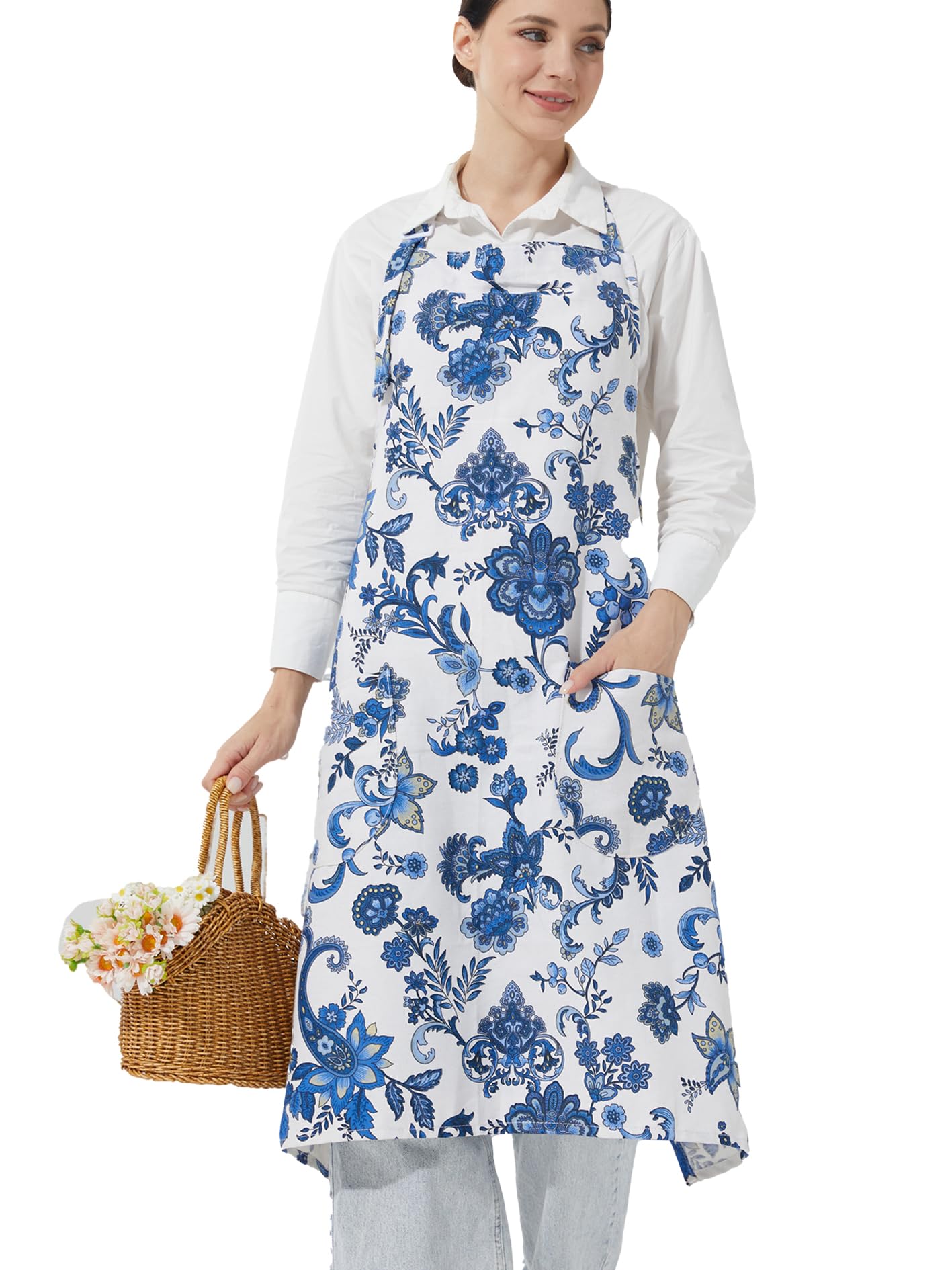 APRONNER Cotton Linen Baking Plus Size Aprons for Women with Pockets Kitchen Cooking, Stranger Blossoms, 39’’*39'' with 39’’ straps