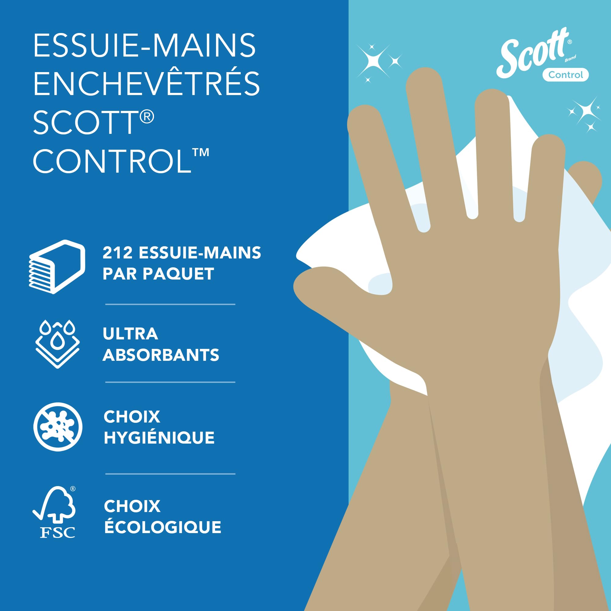 Scott Control 6663 Essuie-Mains en Papier 3 Épaisseurs, Pliés en V, Blancs – Ultra-Doux, Certifiés FSC & Écolabel, pour Hygiène Professionnelle – 15 Paquets x 212 Feuilles (3 180 au Total)