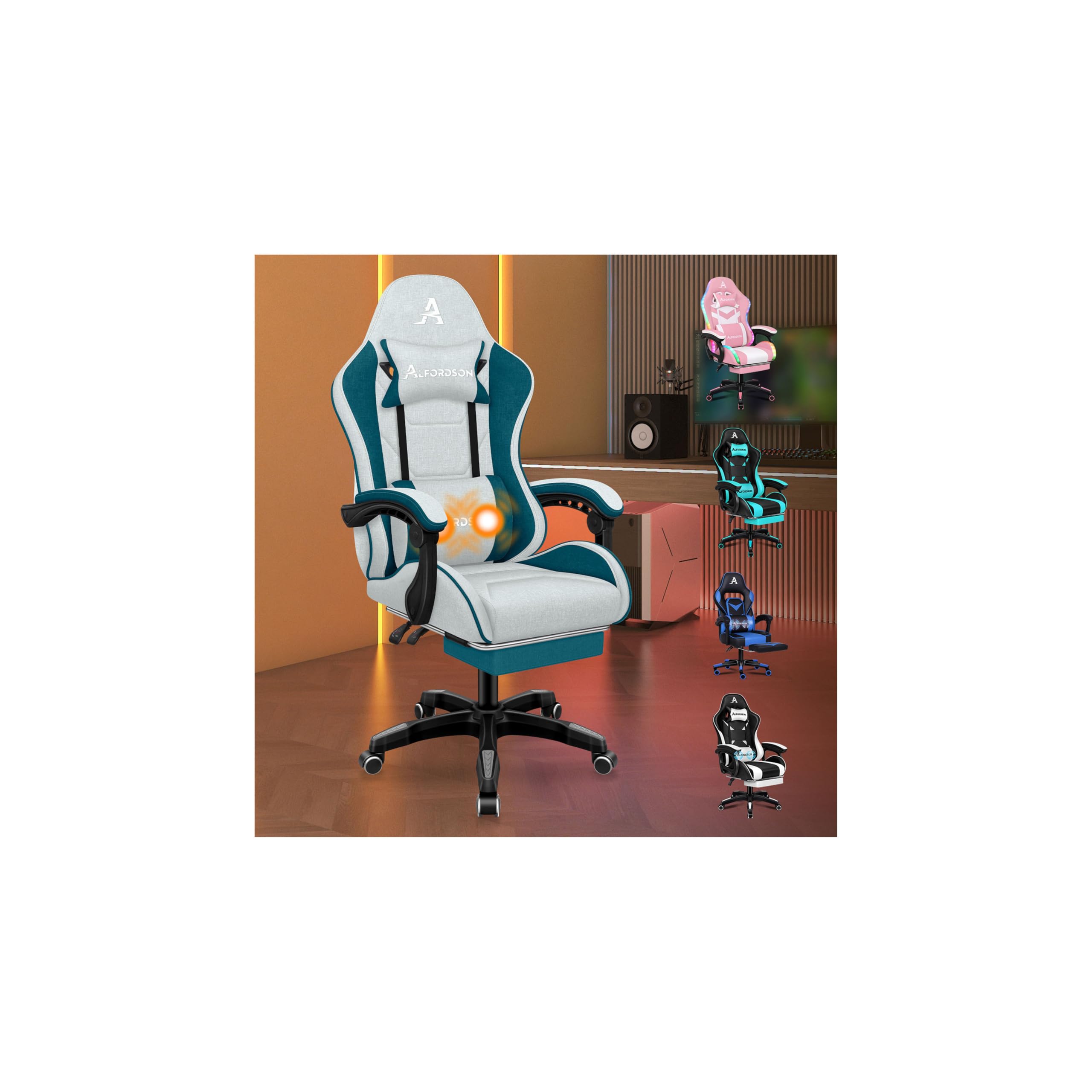 ALFORDSON VOGLER Massagestoel, 150° kanteling, ergonomische bureaustoel, PU-leer met voetensteun, in hoogte verstelbaar, kantoorstoel hardlopen, capaciteit 180 kg, blauw