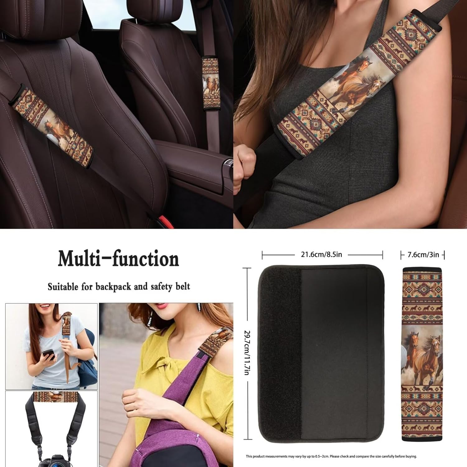 Tribal Horse Car Seat Covers Full Set 12 Pcs Car Steering Wheel Cover Center Console Cover Fashion Auto Seat Belt Covers Gear Lever Cover Fit for Most Cars, SUVs