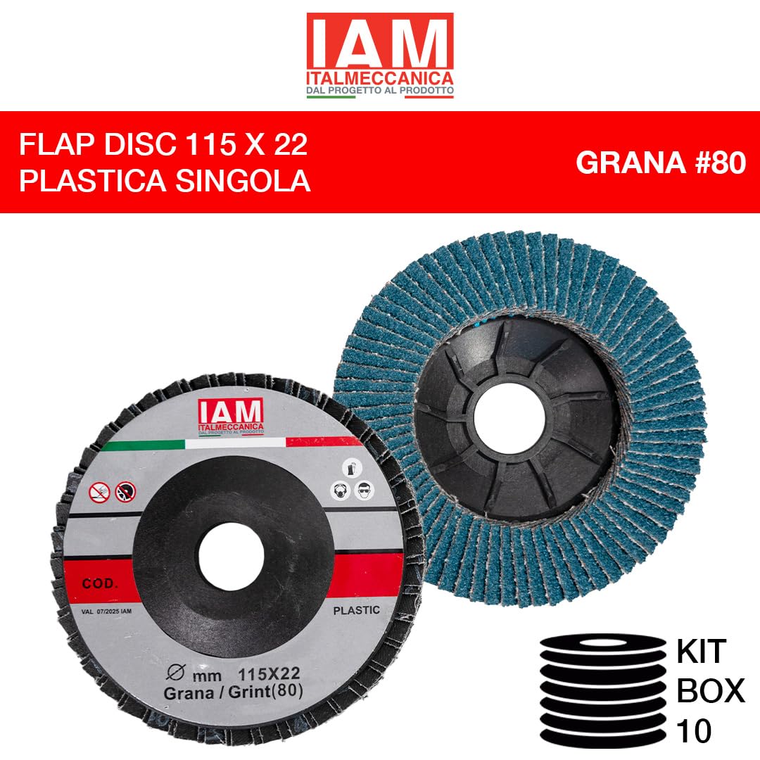 IAM Disco Lamellare Zirconio per Smerigliatrice 115x22mm Flap Disc Professionale Lamella Singola con Supporto in Nylon | Disco Abrasivo per Acciaio Inox e Metallo | Alta Durata | Grana 80 | 10 pezzi