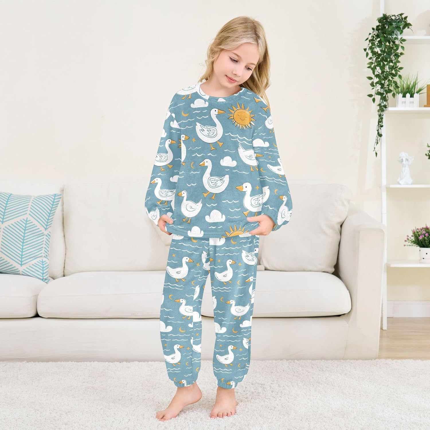 Kids Flannel Sets Duck Clouds and Sun Warm Plush Relaxed Clothing for Boys and Girls