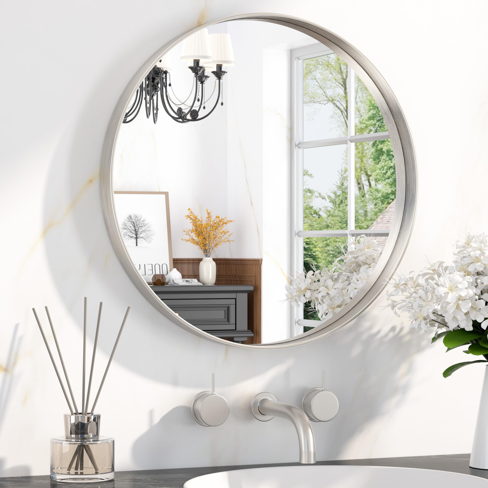 Keonjinn 50cm Brushed Nickel Round Bathroom Mirror Wall Mounted, Aluminium Metal Frame Wall Mirror HD Glass Vanity Mirror for Bedroom Living Room Entryway Home Decor