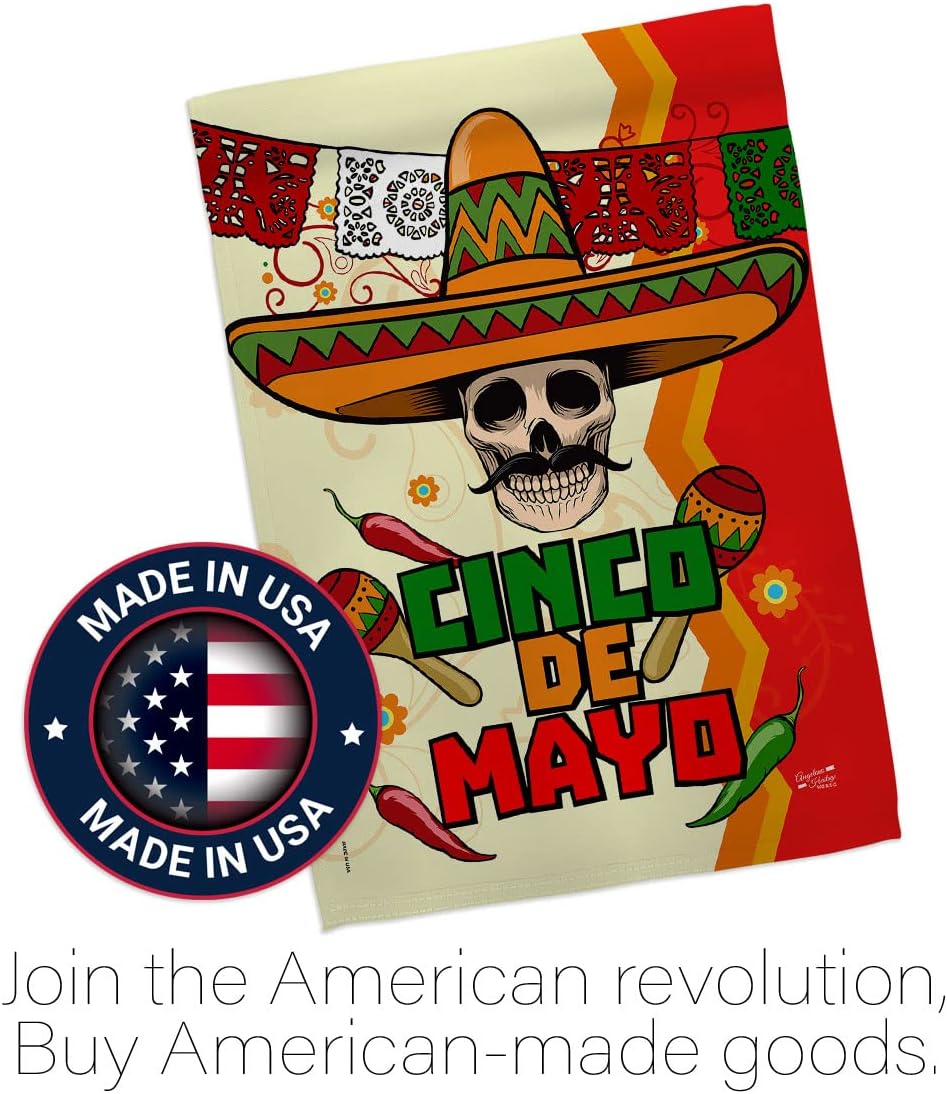 Calavera Cinco de Mayo House Flag - Summer Party Cactus Pinata Sombrero Mexican Fiesta Outdoor - Decoration Banner Small Garden Yard Gift Double-Sided Made in USA 28 X 40