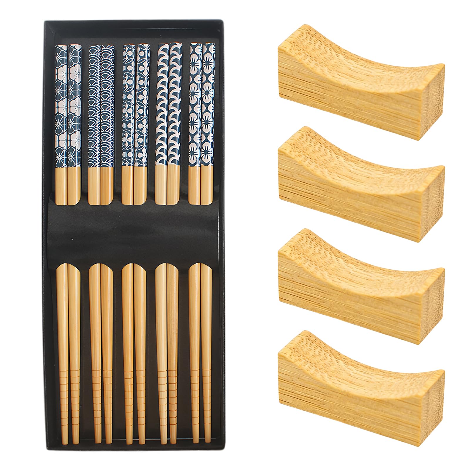 5 Pairs Bamboo Chopsticks with Box and Four Rests,Chopsticks Reusable Minimalism Style Dishwasher Ideal Reusable Cooking & Dining Present