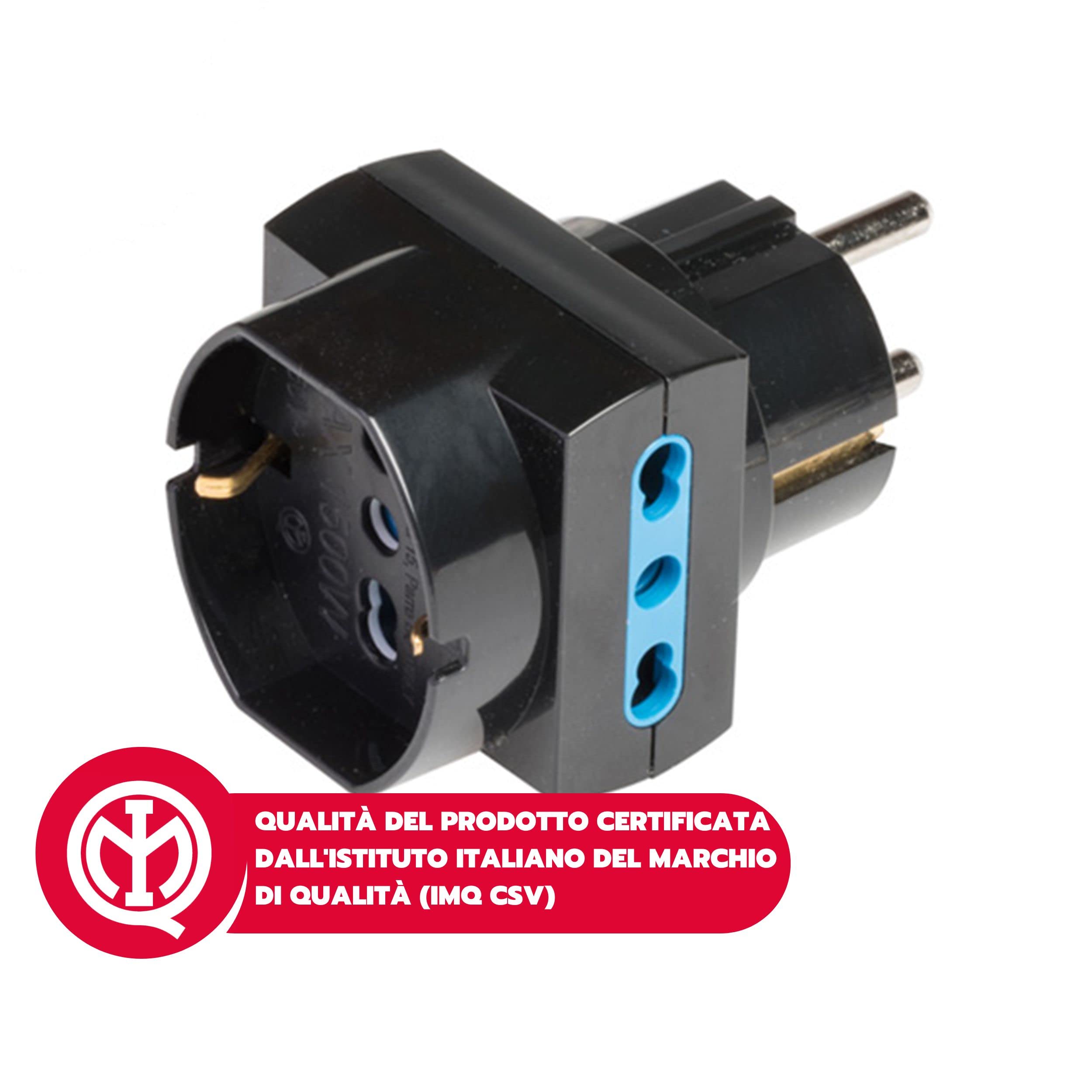 POLY POOL | PP2351.13 Adattatore Pluristandard con Spina Schuko Kit da 3 Adattatori con Spina 16A e Prese Italiana e Tedesca 10A - 16A, Nero
