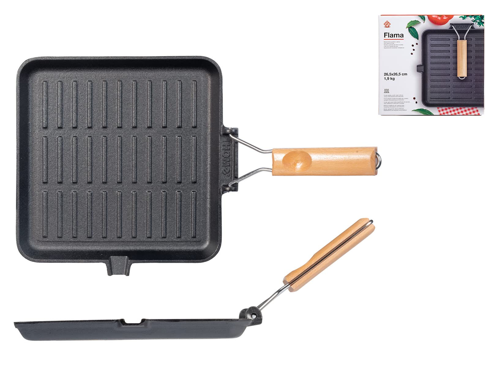 Grille carrée en fonte 28 cm HOME pour saisir vos viandes et grillades