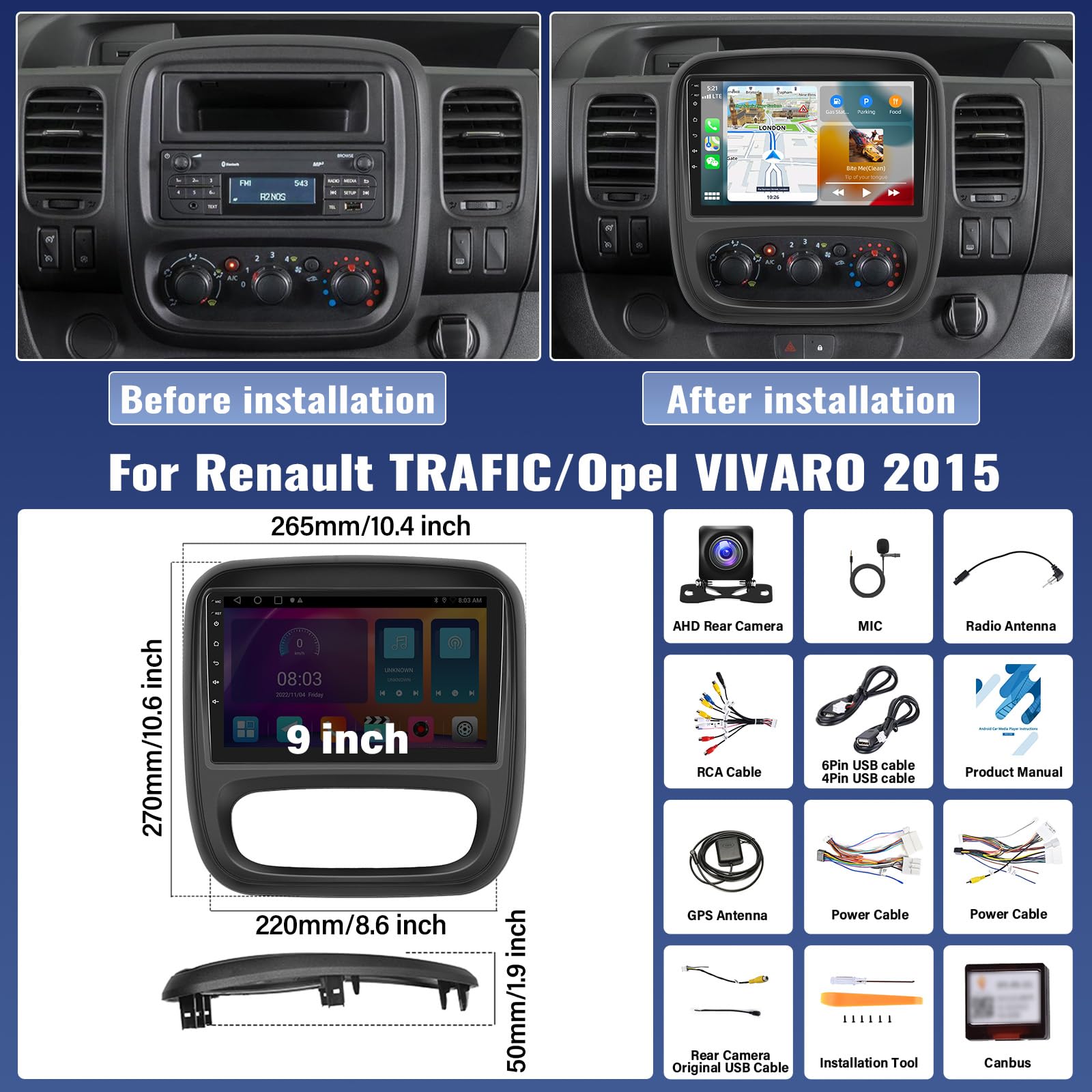 2G+64G GOHHDL Android Autoradio 2 Din für Renault Traffic 3 2014-2021 / Opel Vivaro B 2014-2018 mit Navi Carplay Android Auto, 9 Zoll Touch Radio mit GPS Navi WiFi Bluetooth FM/RDS SWC Rückfahrkamera