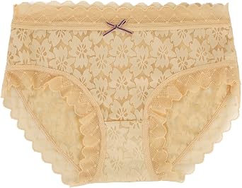 KELITCH Womens Lace Brief Cotton Crotch Low Waist Full Coverage Ladies Panties Decorative Bow L, Beige