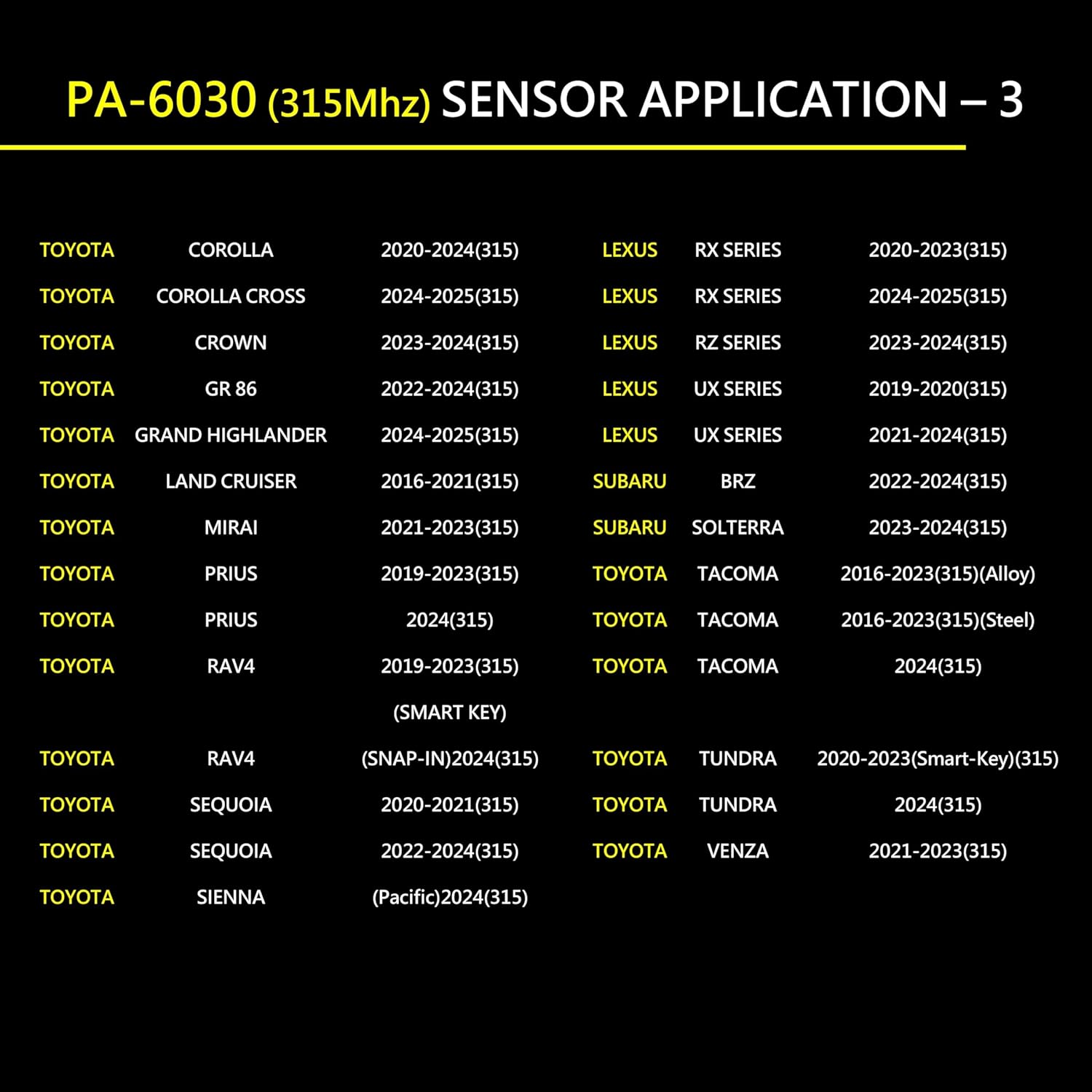 GULLER TPMS 315MHz Tire Pressure Sensor 4-Pack | Preprogrammed for Certain Toyota Lexus Subaru Models | Replacement for Part# 42607-06030 42607-12010 42607-48010 42607-02050 | Snap-in | PA-6030-4