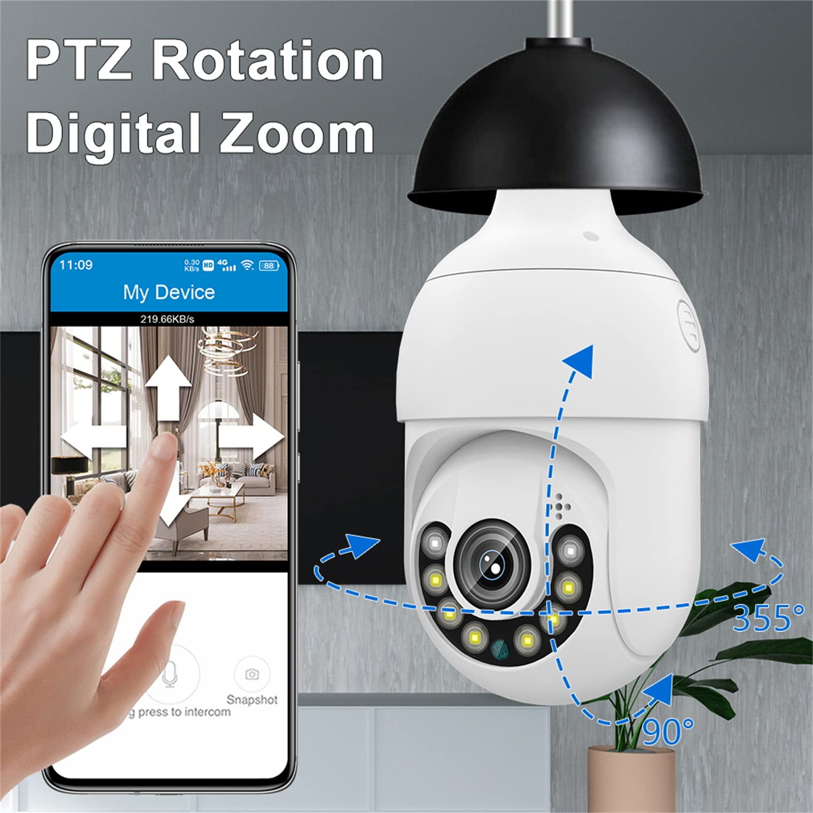5MP E27 Ampoule Caméra De Surveillance Alexa Étanche Extérieur WIFI IP Caméra CCTV Suivi Automatique Couleur Vision Nocturne Conversation Bidirectionnelle Alarme De Mouvement PTZ,Add 64g card