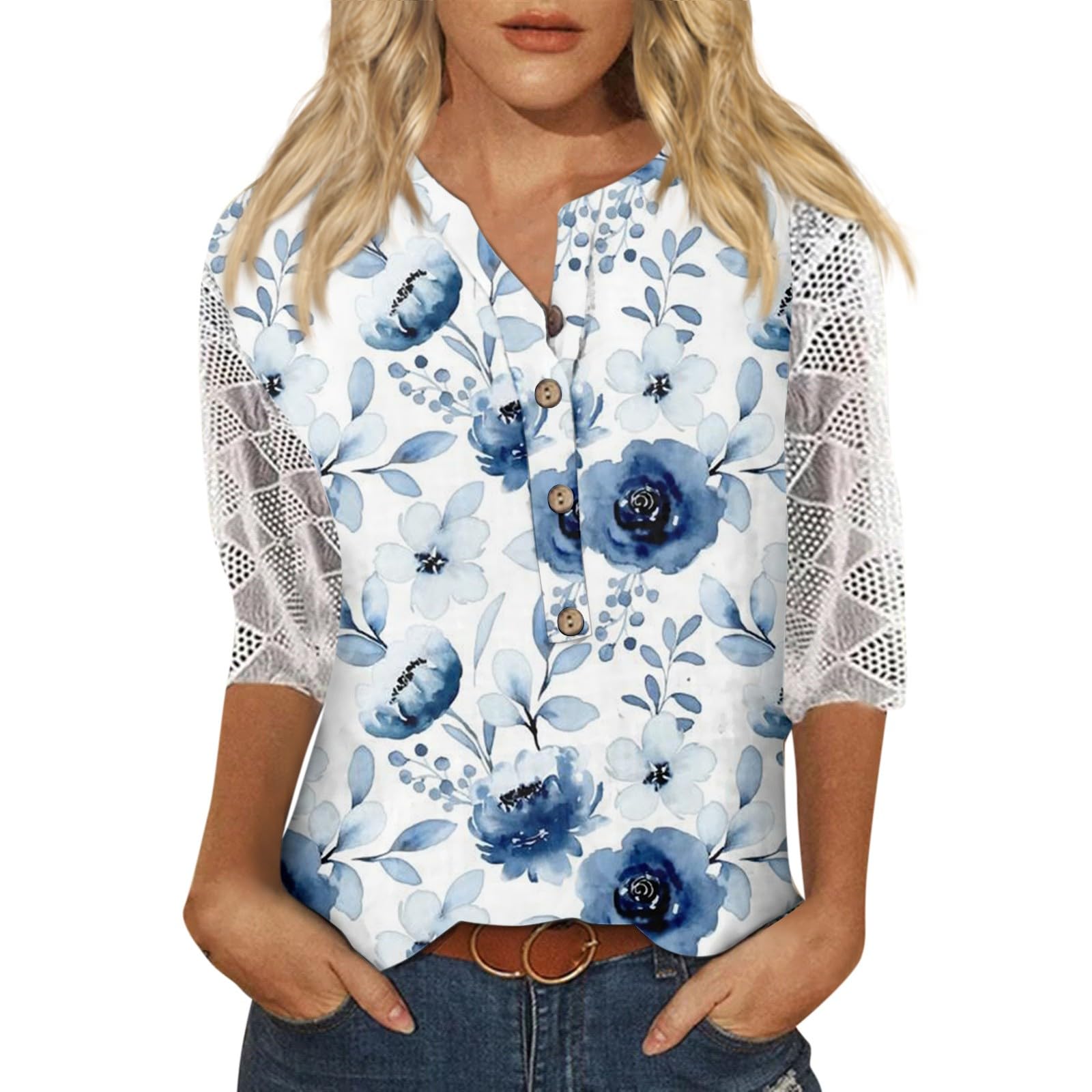 Plus Size Tops for Women Lace Sheer 3/4 Sleeve Tops for Women T Shirts for Women Button Down V Neck Print Casual Tee