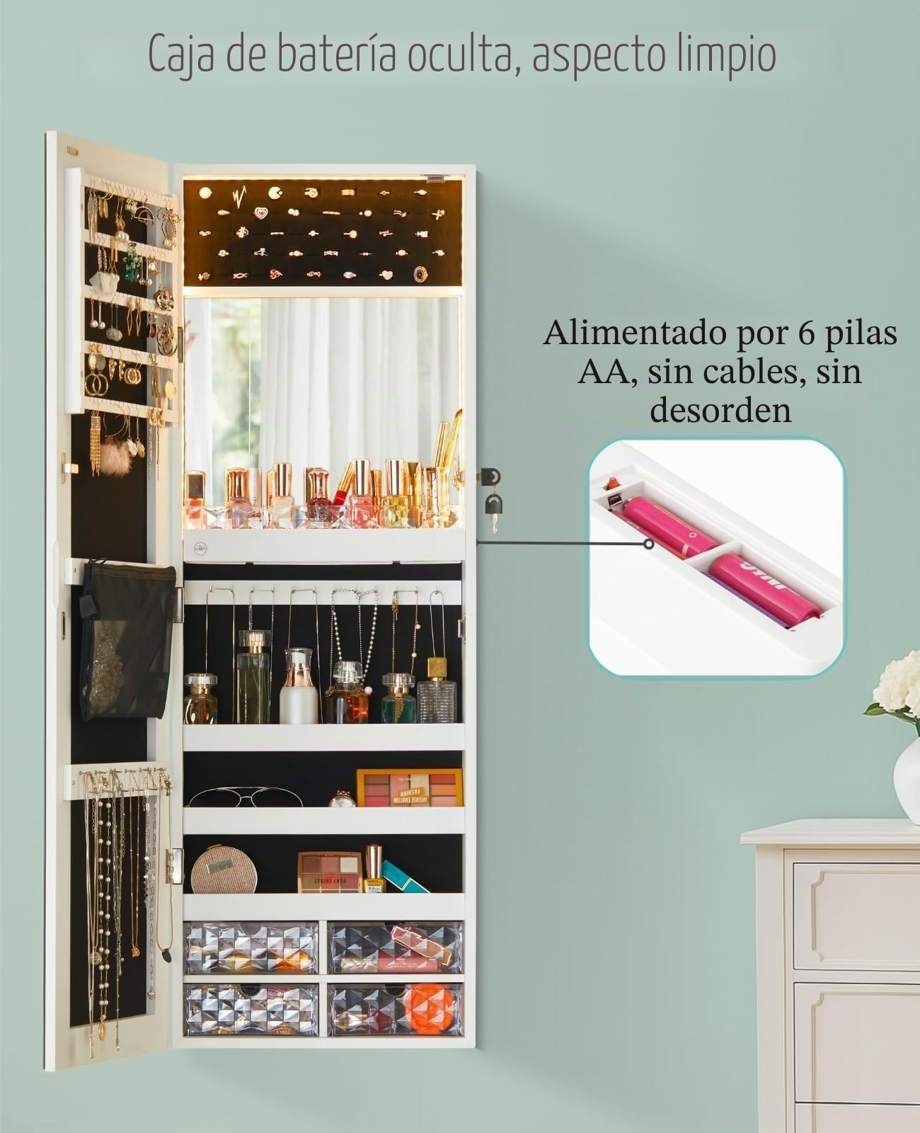 LUXFURNI Espejo con luces LED para colgar en la pared o en la puerta, espejo de longitud completa de 42 pulgadas con almacenamiento, espejo de maquillaje integrado, organizador de espejo de joyería